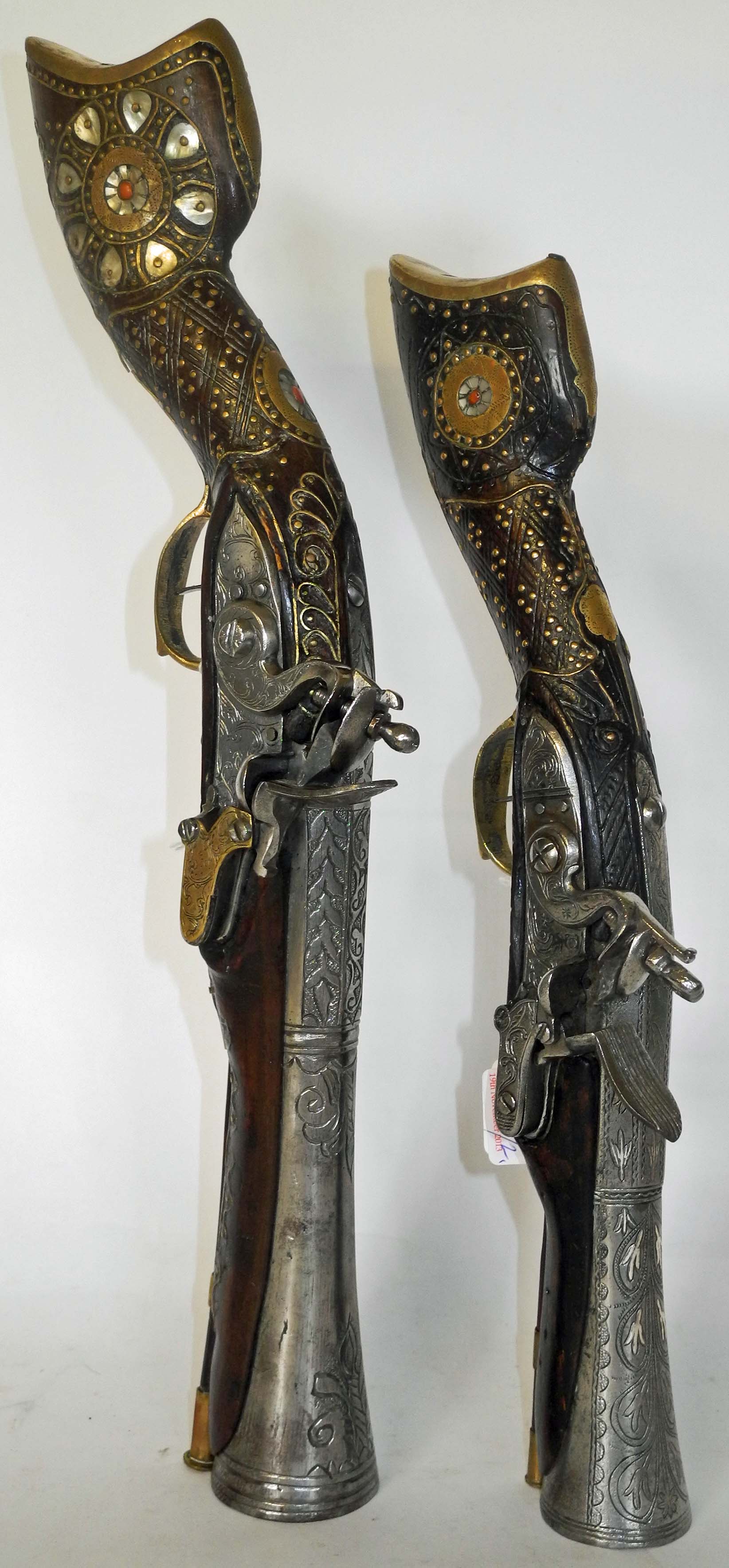 Two decorative North Indian/Afghan blunderbuss flintlock pistols with engraved lock and barrels, and