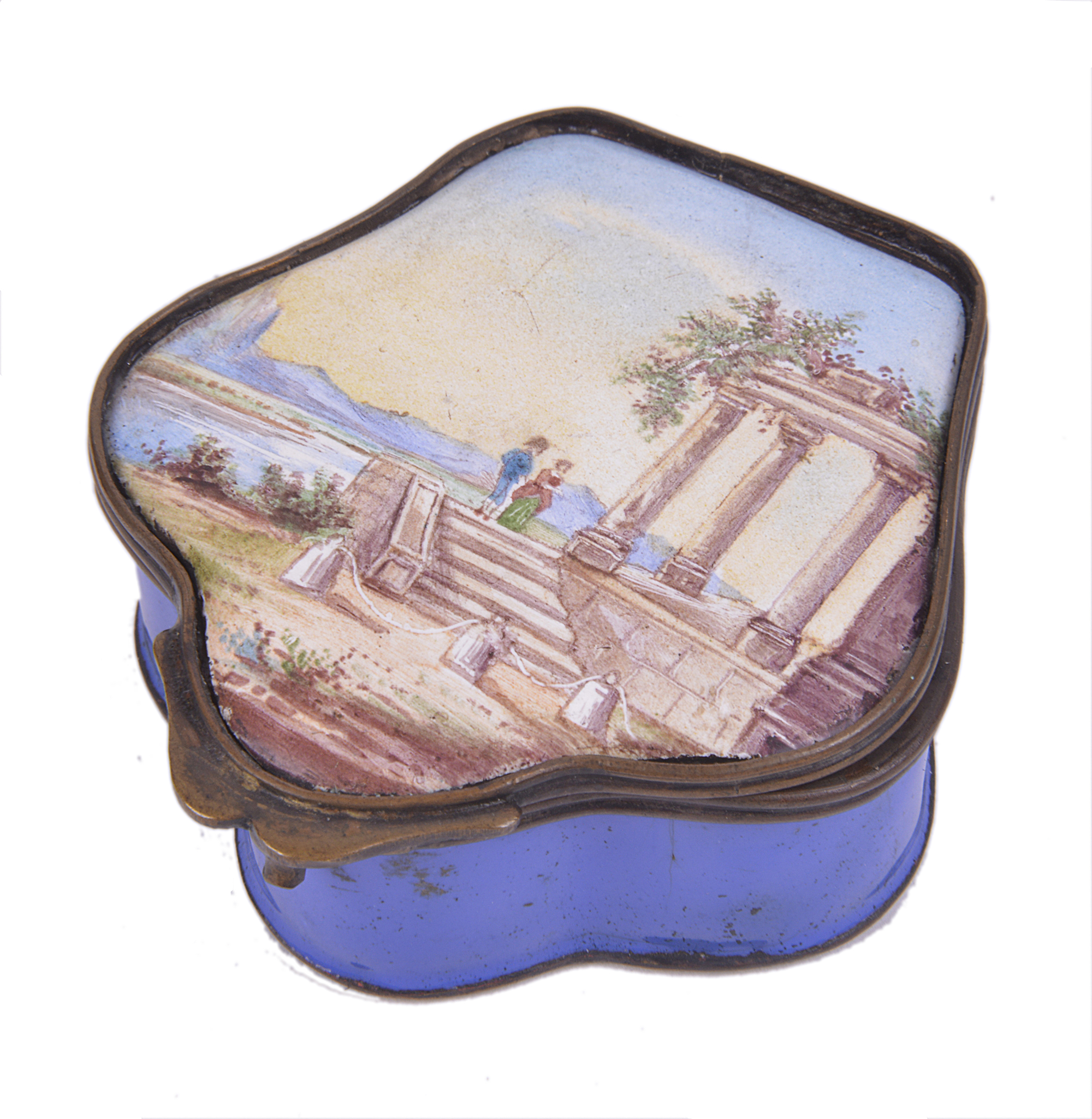 An enamelled snuff box in Battersea style showing a classical scene.