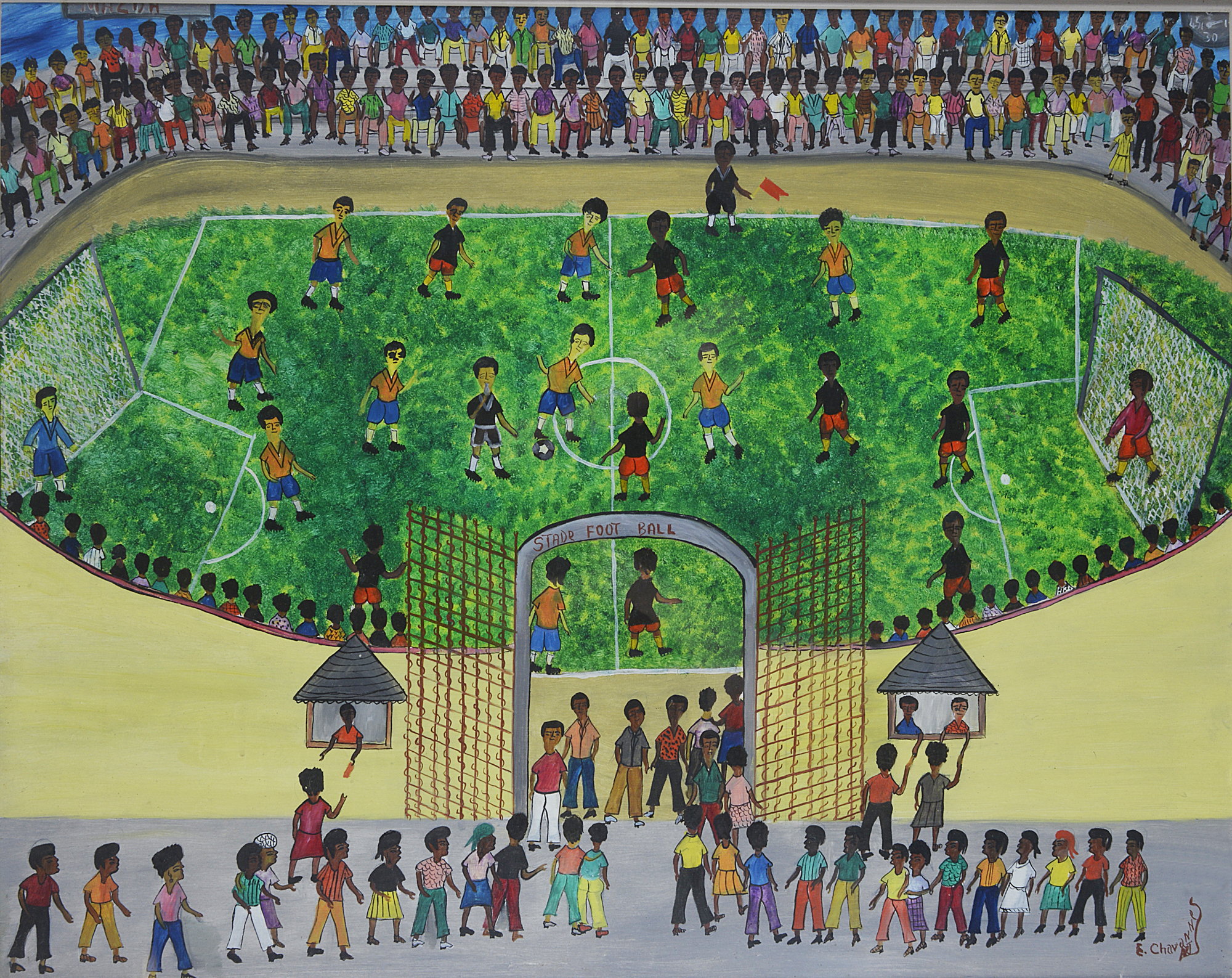 E. Chavannes, (Haitian) an oil on board, "The Football Match", signed and framed.61 x 77cm