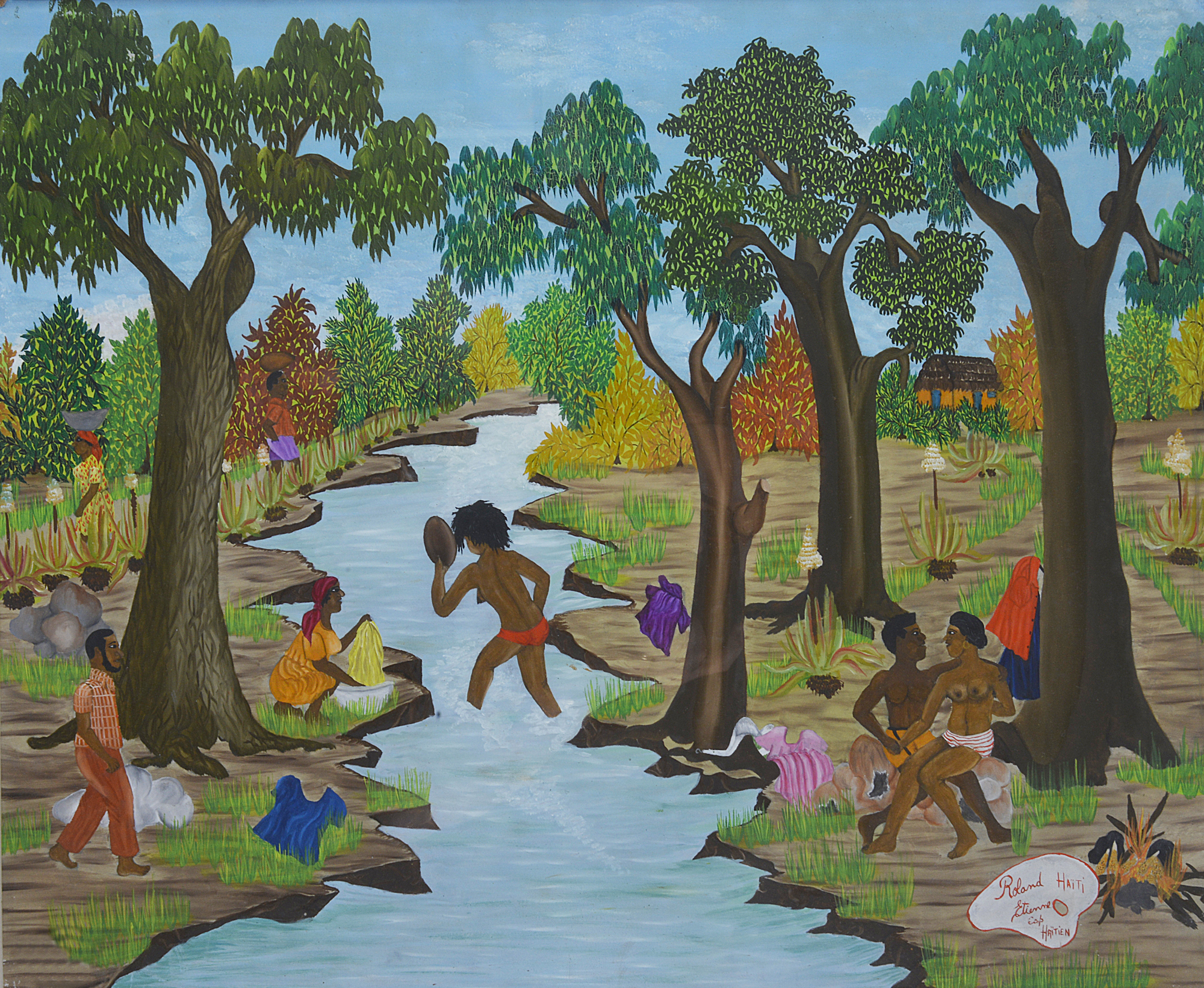 Roland Etienne (Haitian), oil on board, of idyllic village life, signed and framed.51 x 61cm