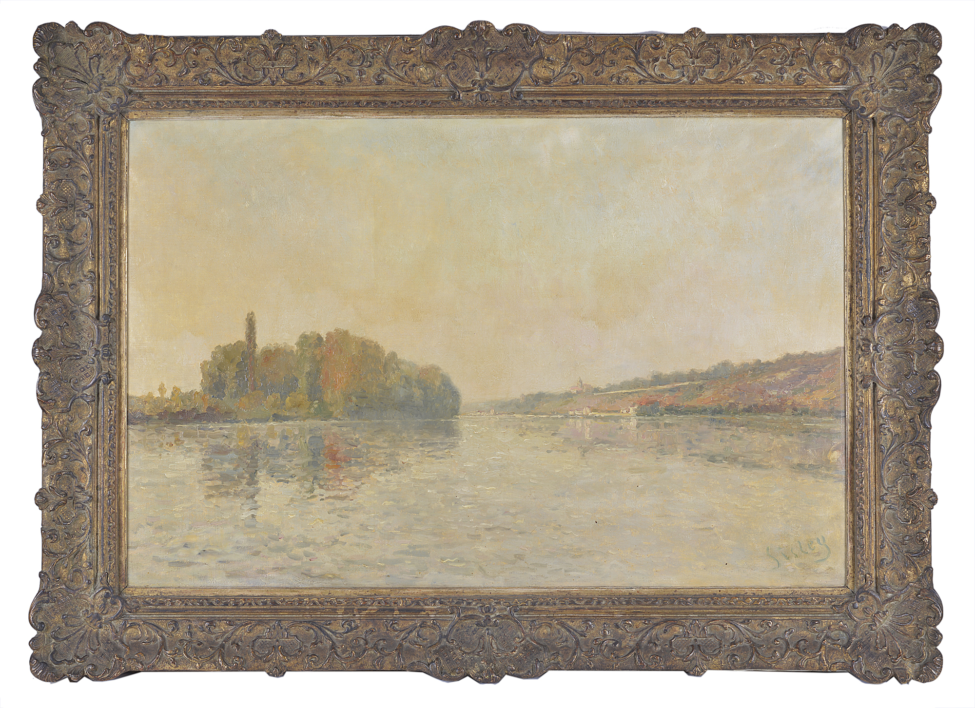 Sisley, oil on canvas, "Bords de Rivièr", signed, circa 1892, in a swept gilt frame, bears