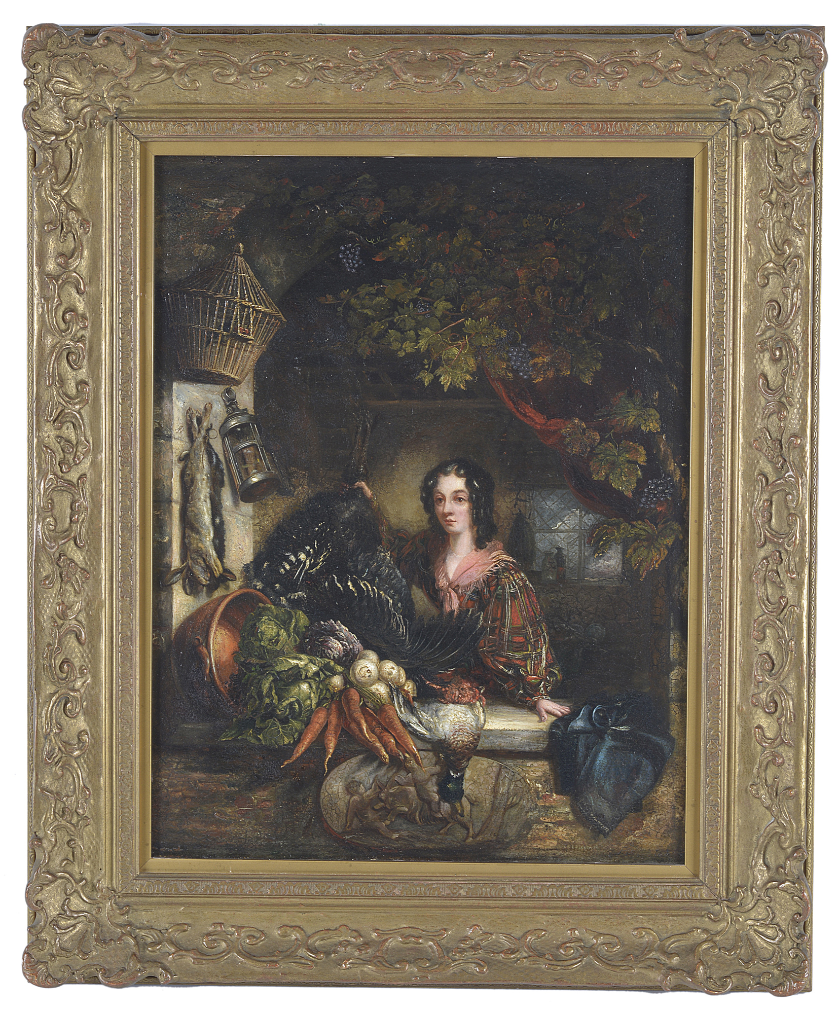 William Fowler, oil on panel, a romanticised scene of a Scottish woman and game larder, in a gilt