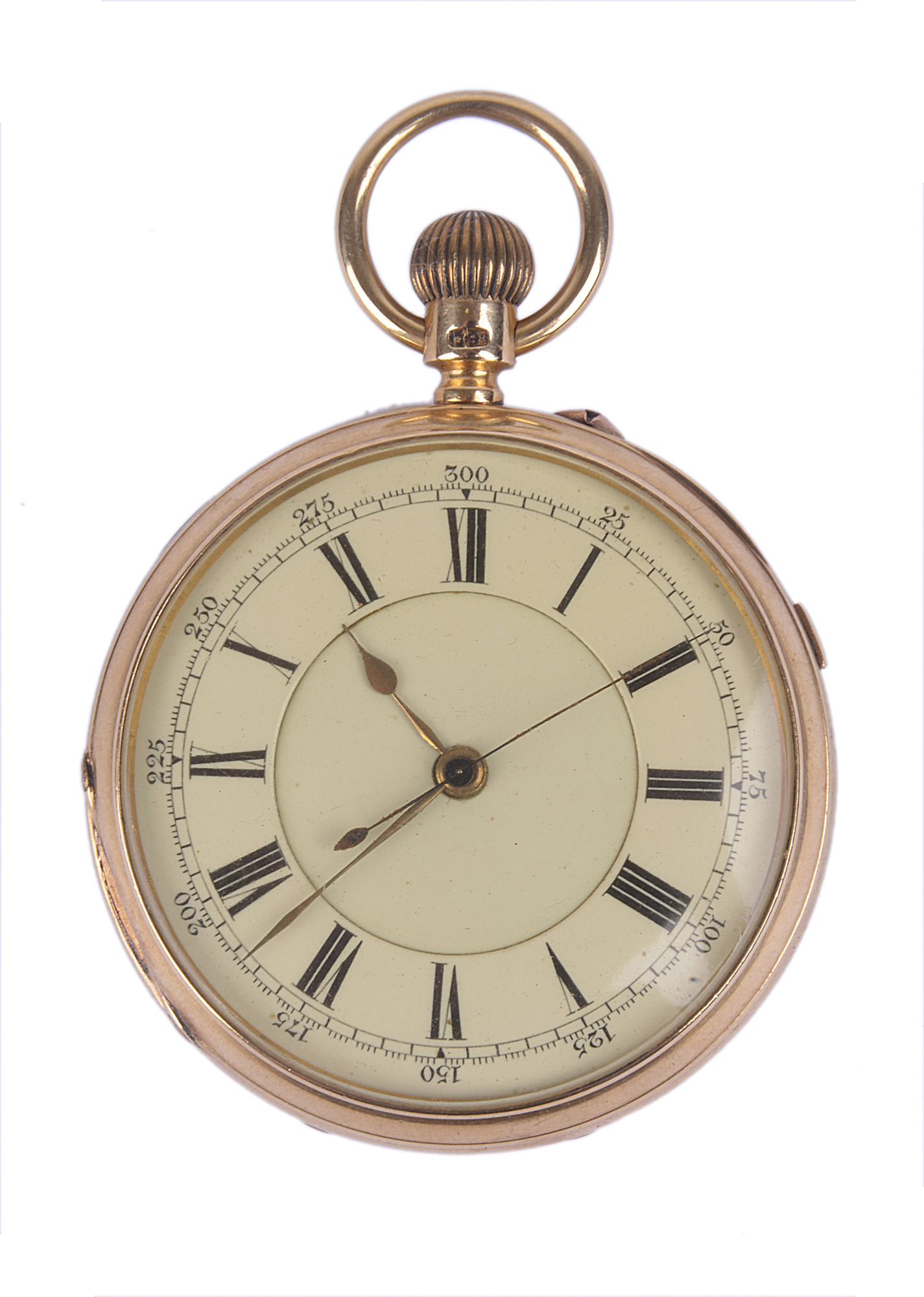 A good antique 18ct gold cased open faced pocket watch, with stopwatch function and Roman chapter