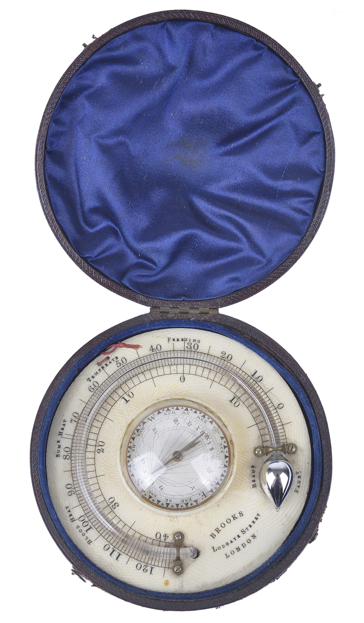 A Georgian ivory sundial compass and thermometer, inscribed on front `Brooks Ludgate Street,