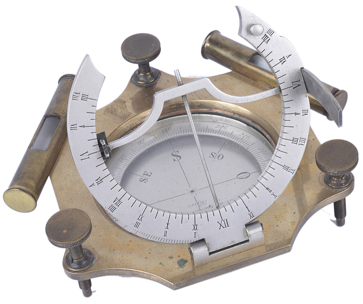 A 19th Century brass sundial compass, with spirit level adjusted levelling, with articulated