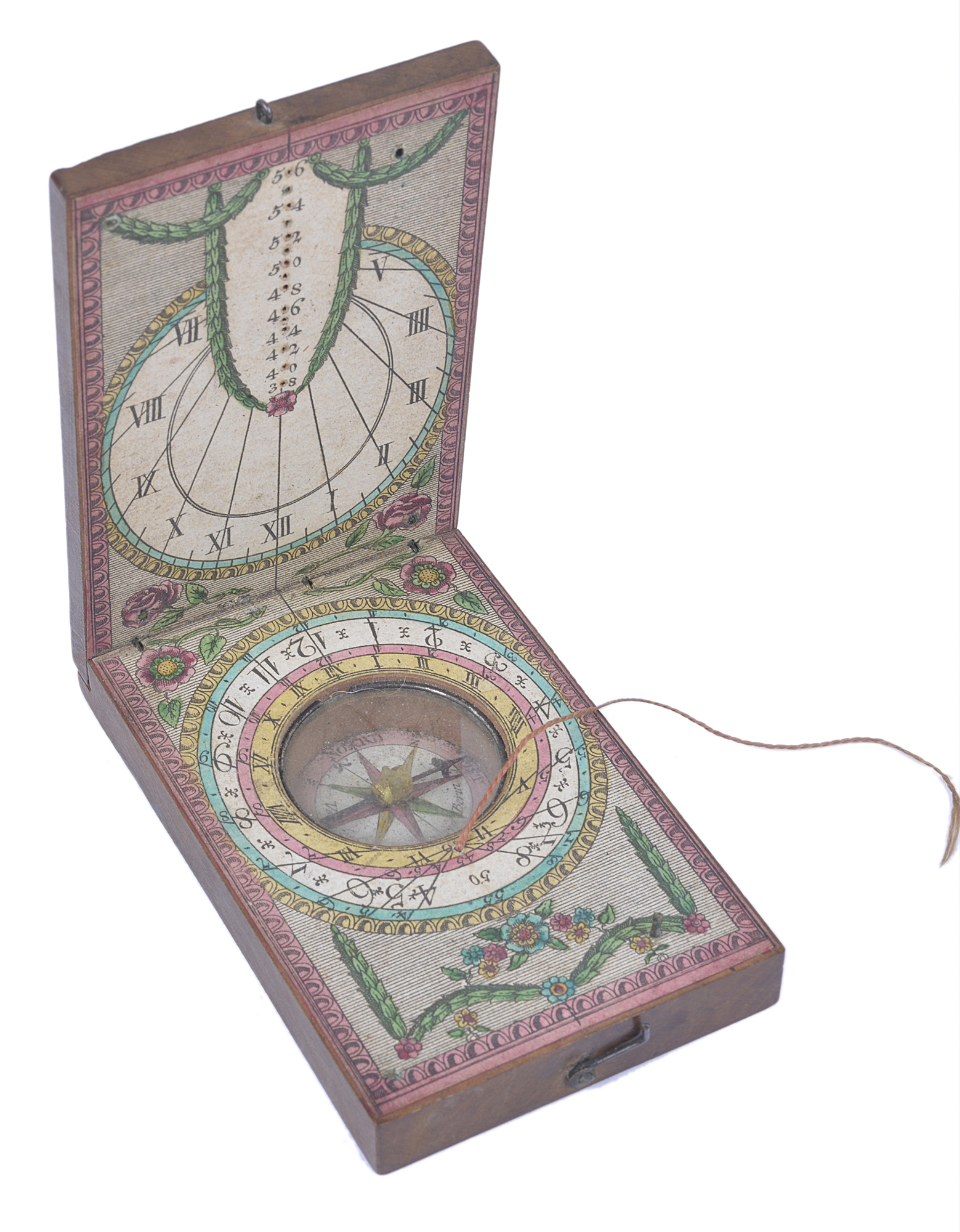 A 19th Century continental diptych fruitwood cased sundial compass with printed hand coloured papers