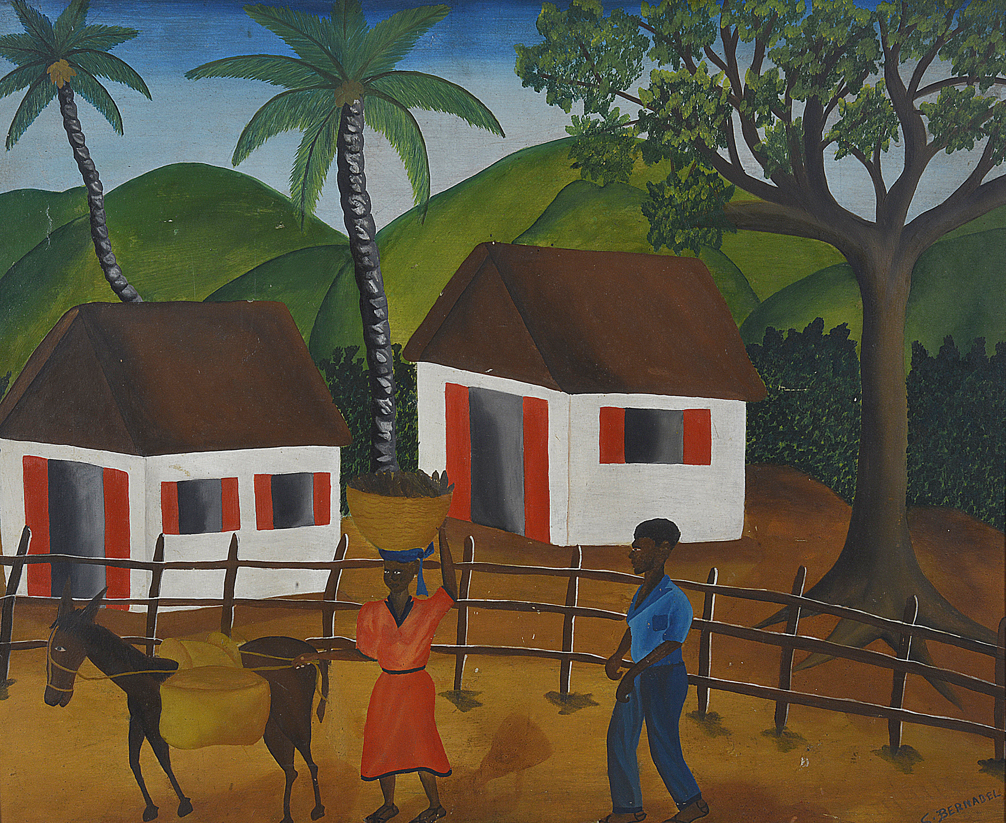 S. Bernabel (Haitian), an oil on board, "On the way to market", signed (with Hill Gallery,