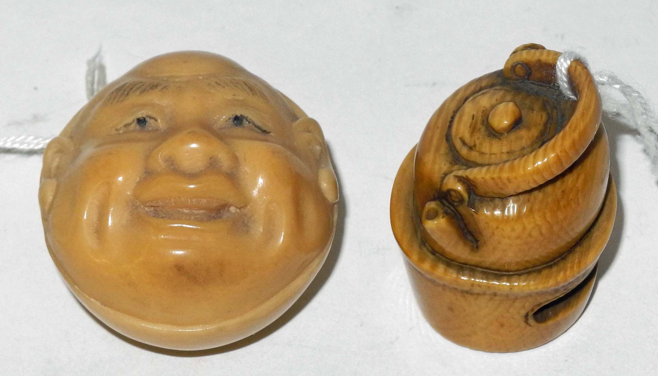 A Japanese ivory netsuke of a teapot on stand, signed, together with a vegetable ivory carving of