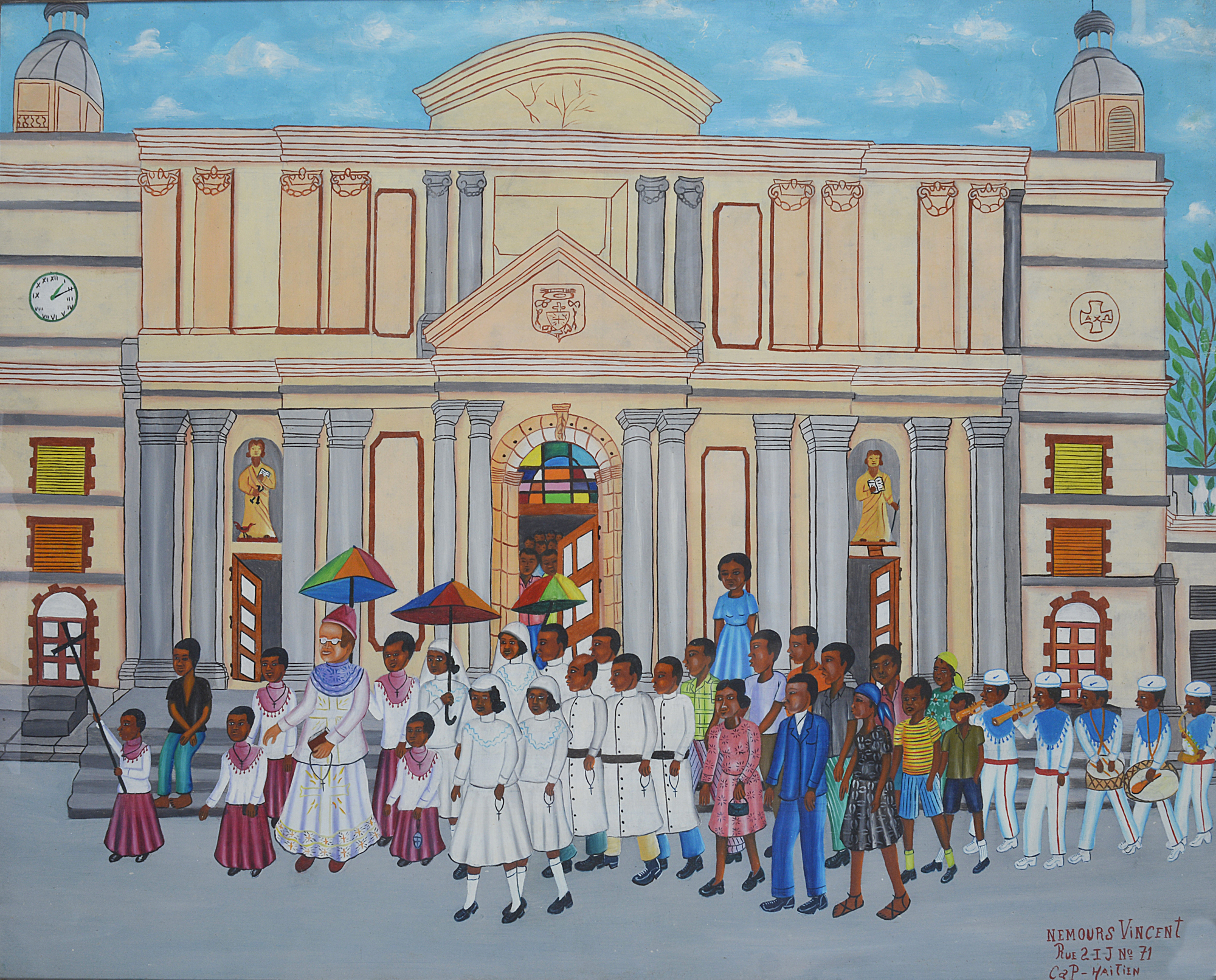 Nemours Vincent (Haitian), an oil on board, "The Church Pageant", signed and framed.61 x 76cm