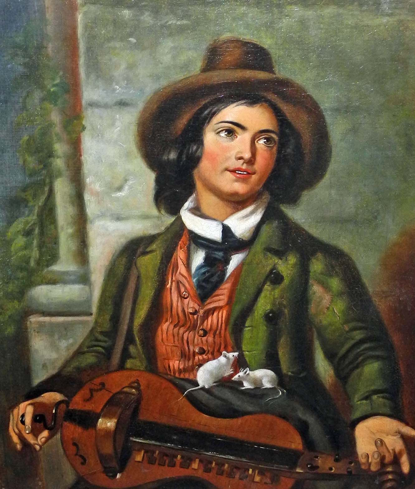 Nineteenth Century Continental School oils on canvas, Hurdy Gurdy player with two white mice,