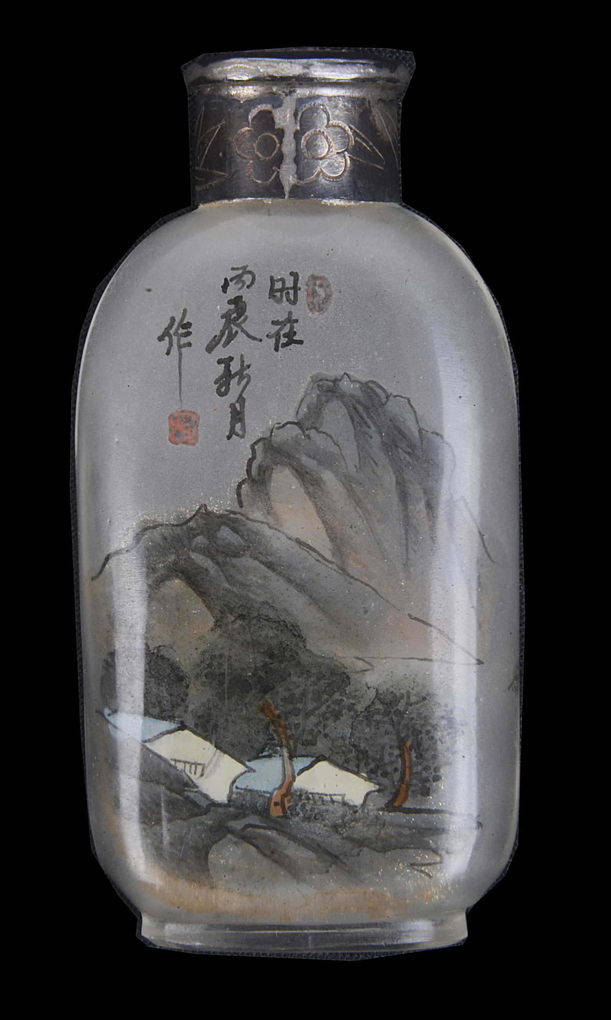 A Chinese 19th Century reverse painted snuff bottle with silver top.