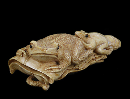 A late 19th Century Japanese carved ivory group of a toad and a frog climbing along a lotus branch.