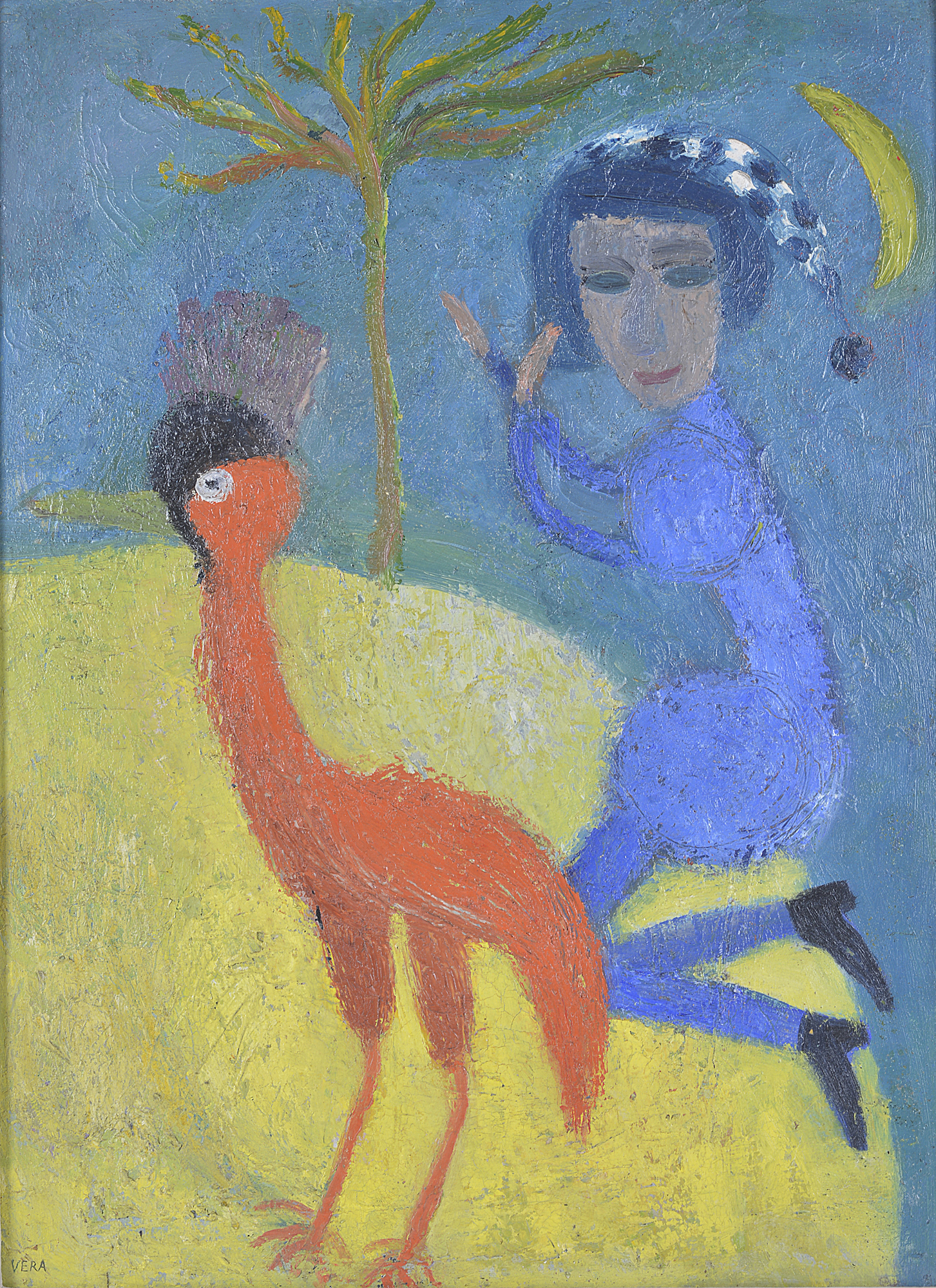 Vera Spencer (b. 1926, British), an oil on board, "Blue Boy, Red Bird", circa 1948, signed, with