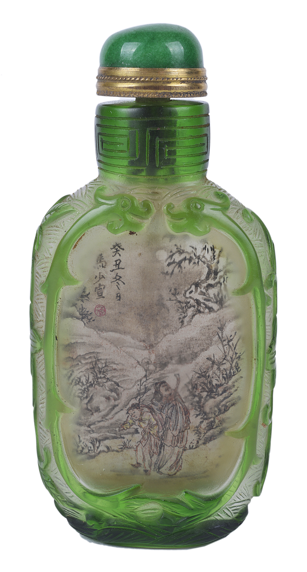 A 19th Century Chinese Peking glass snuff bottle and stopper, the green outer glass carved to reveal