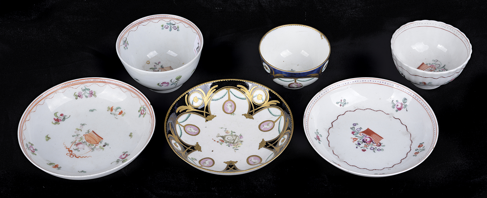 Three 18th Century English tea bowls and saucers. (6)