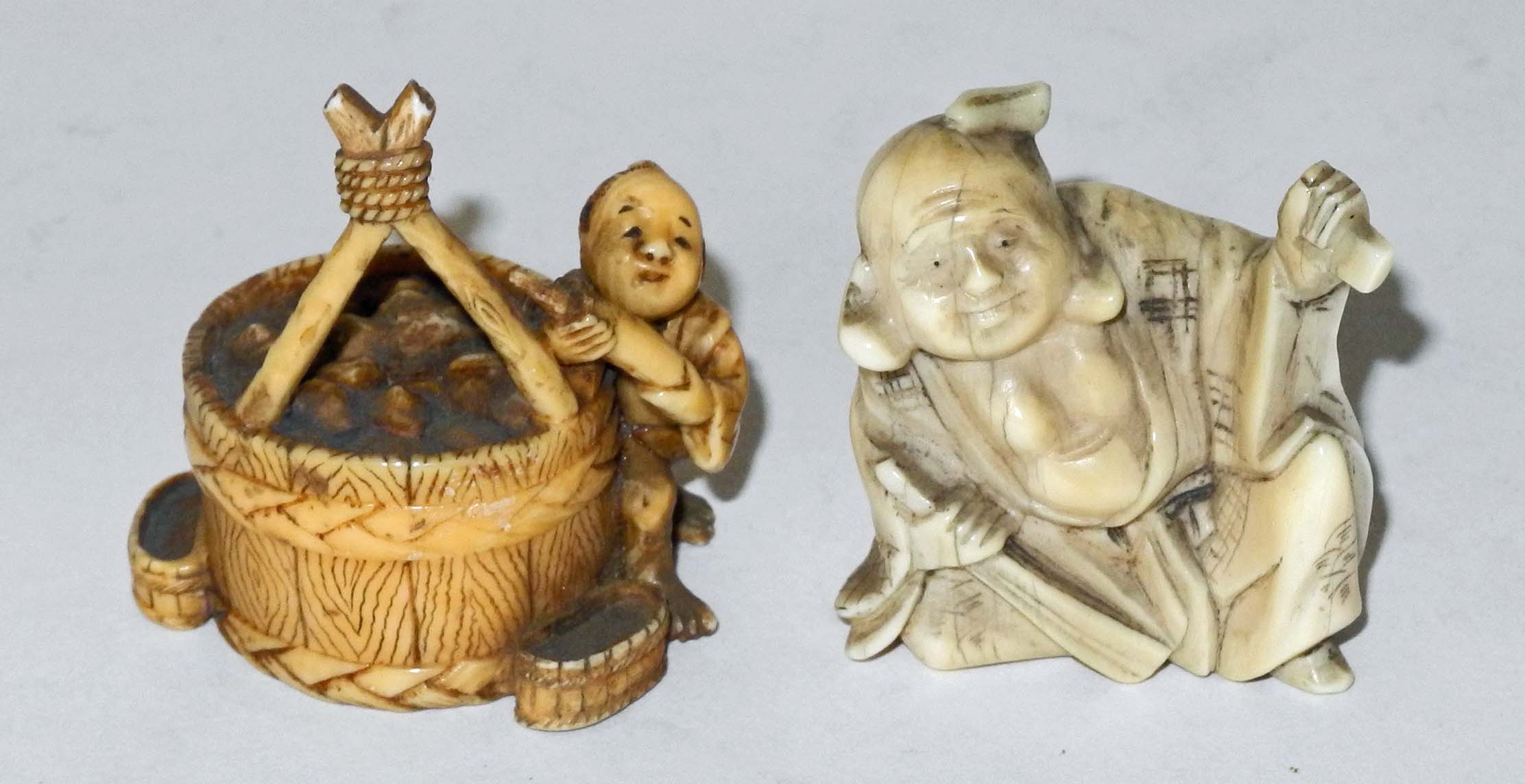 A Japanese ivory netsuke of a boy with a coopered bucket, signed, together with another of a