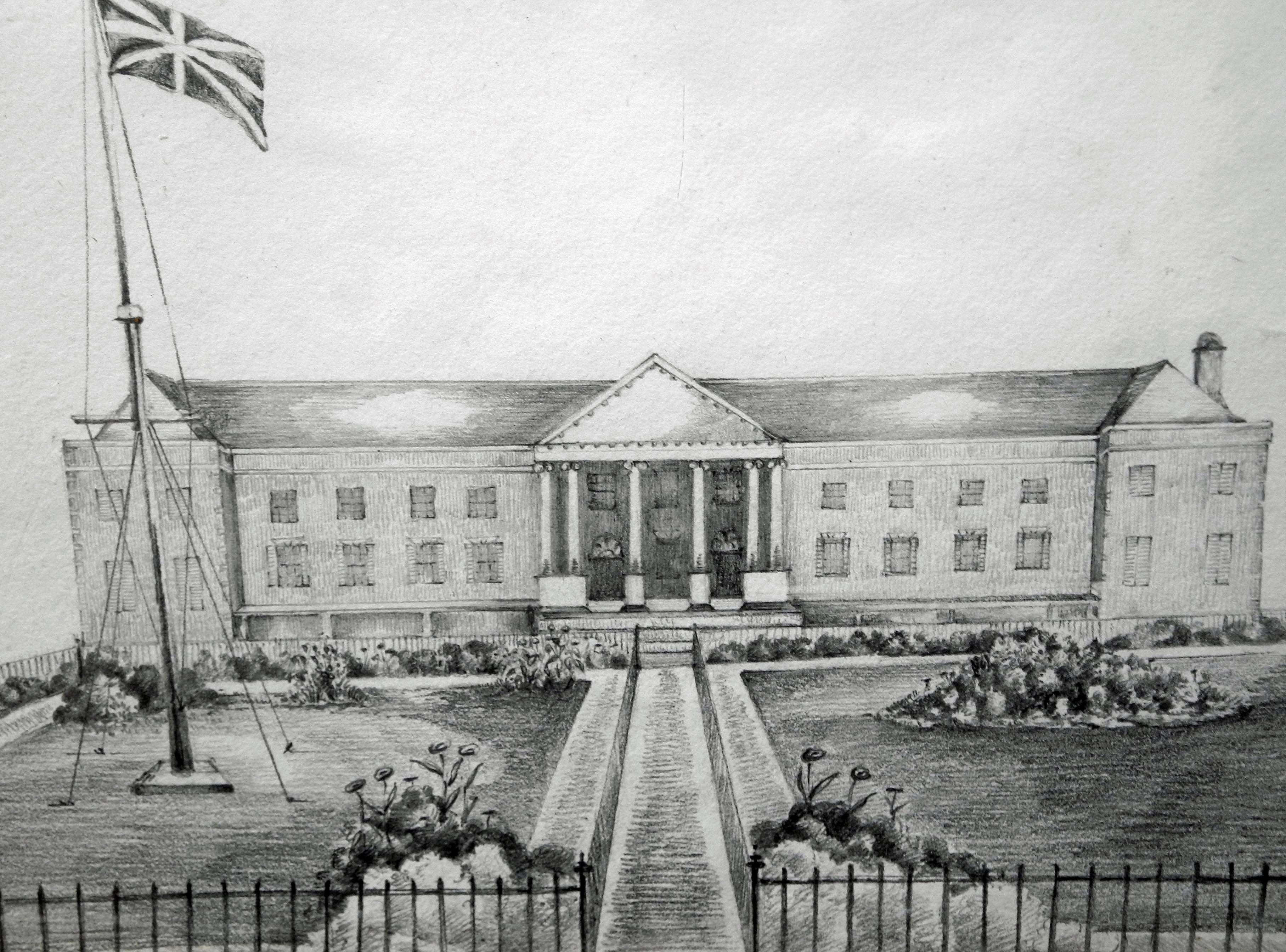 An early 20th Century pencil drawing of `Governor`s House, Spanish Town` together with two further