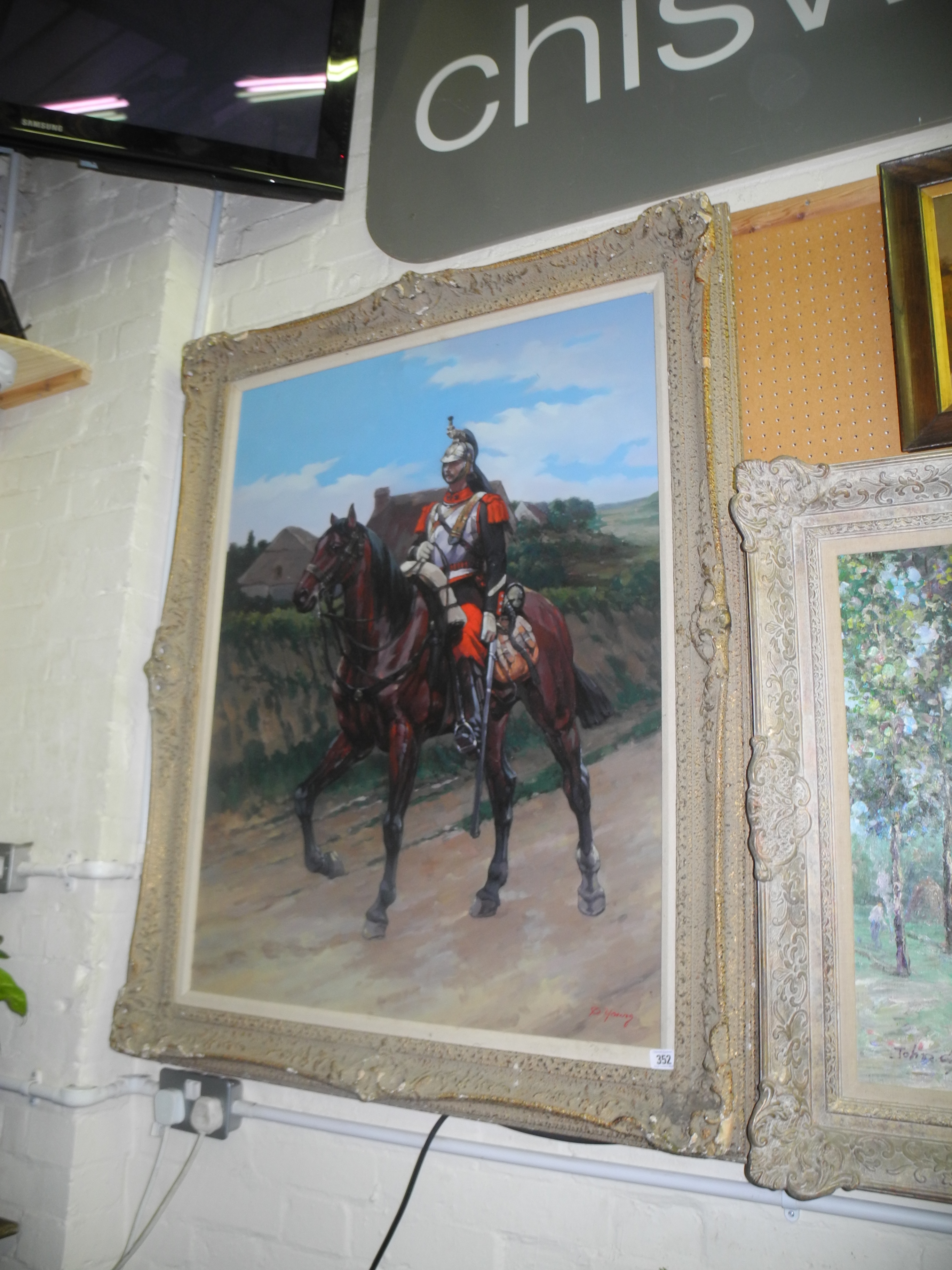 D. Young, oil on canvas, a 19th Century horse mounted Napoleonic war soldier, signed and contained