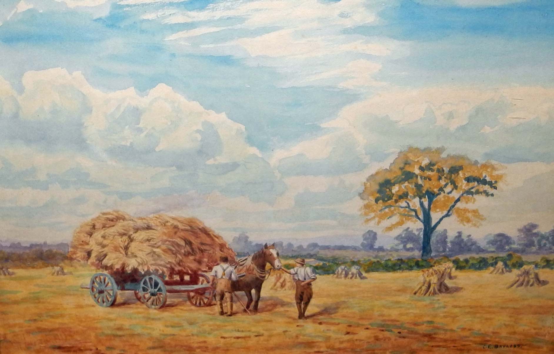 C.E. Bayliss, a study of farmers and horse-drawn hay cart with sheaves to be laden, watercolour,