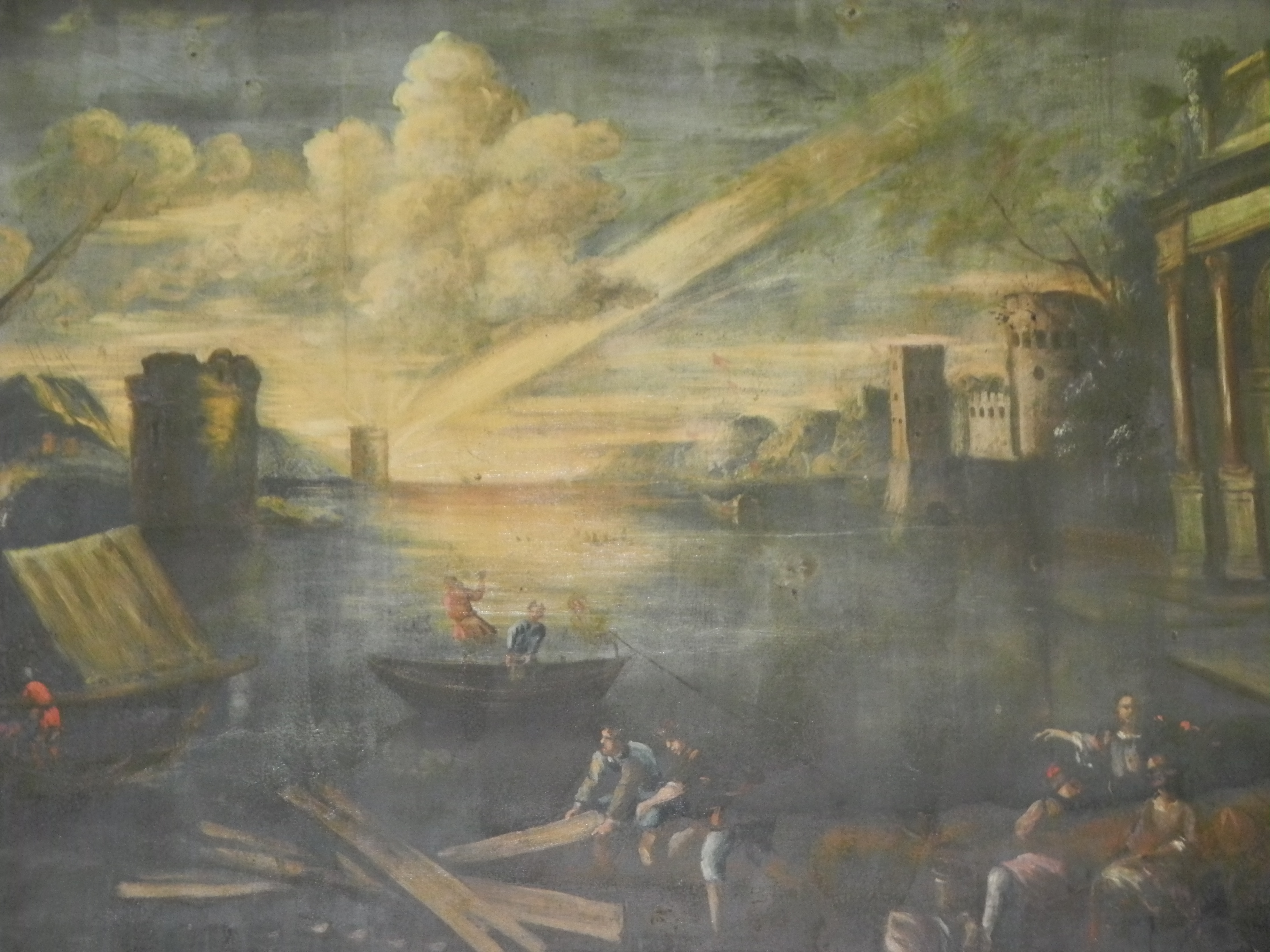 A large oil on canvas, in the Italian primitive style of a lakeside view (98cm x 159cm).