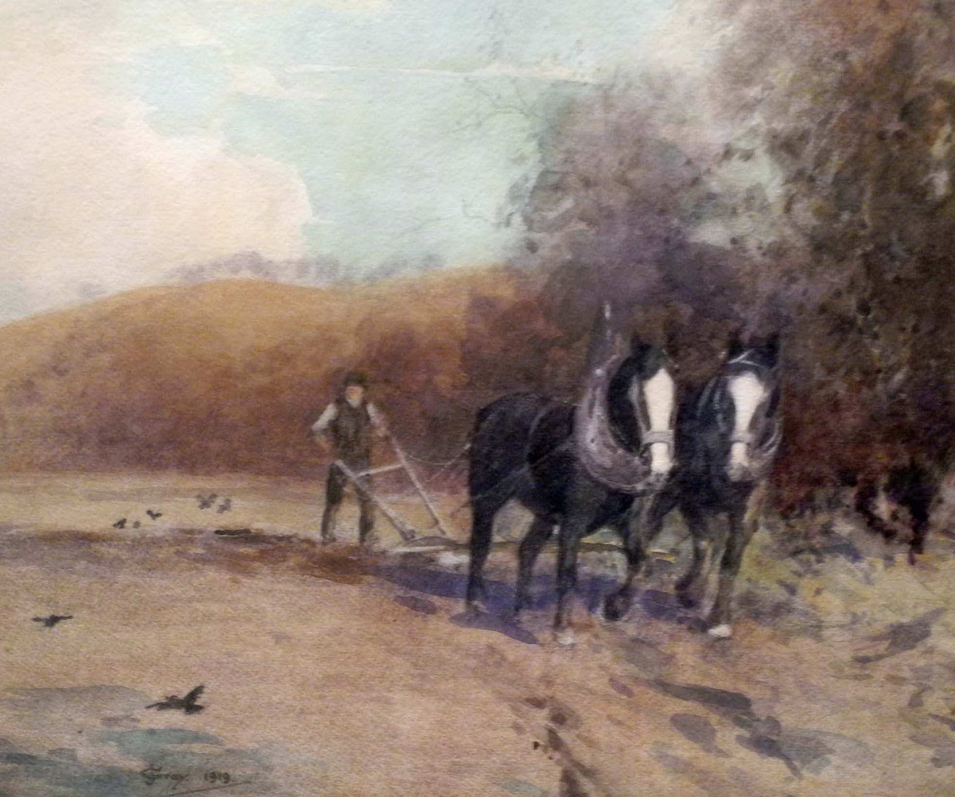 J. Gray, two watercolours dated 1919, rural plough scene and yacht off Mersea Island.