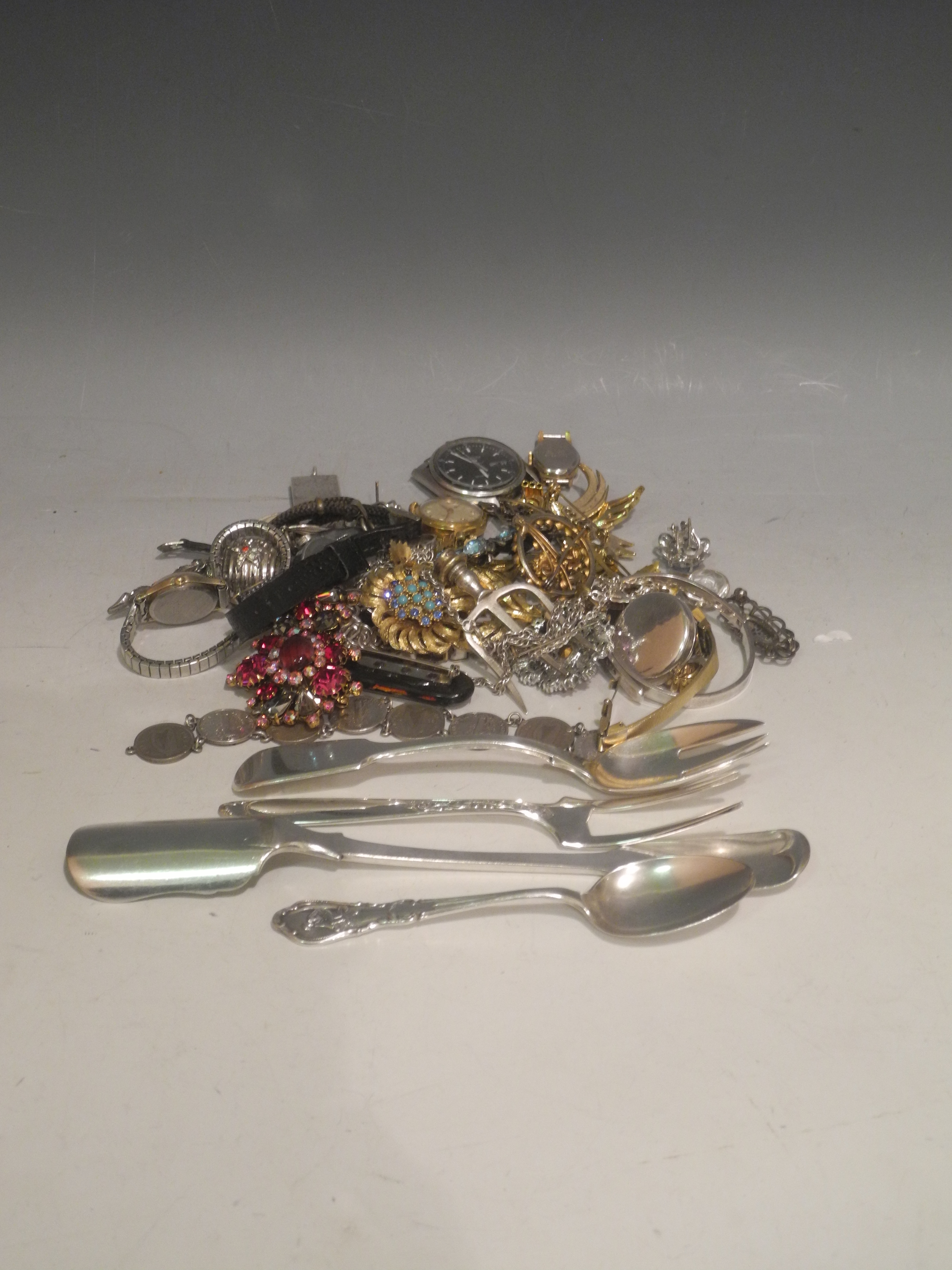 A collection of costume jewellery, various, to include silver flatware, watches, etc.