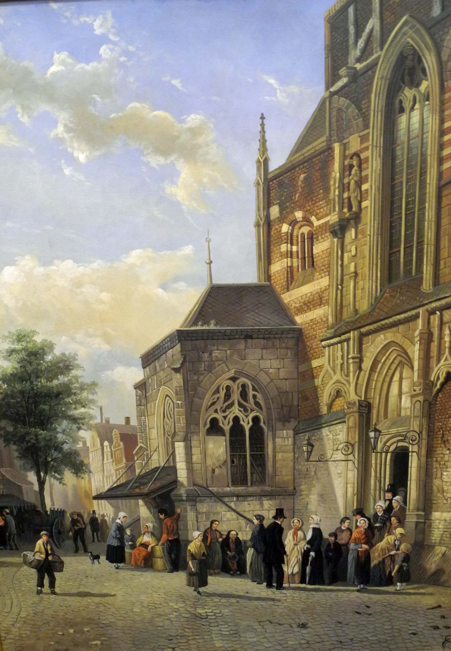 A late oil on canvas in Dutch manner, with a busy street scene with figures leaving a church (