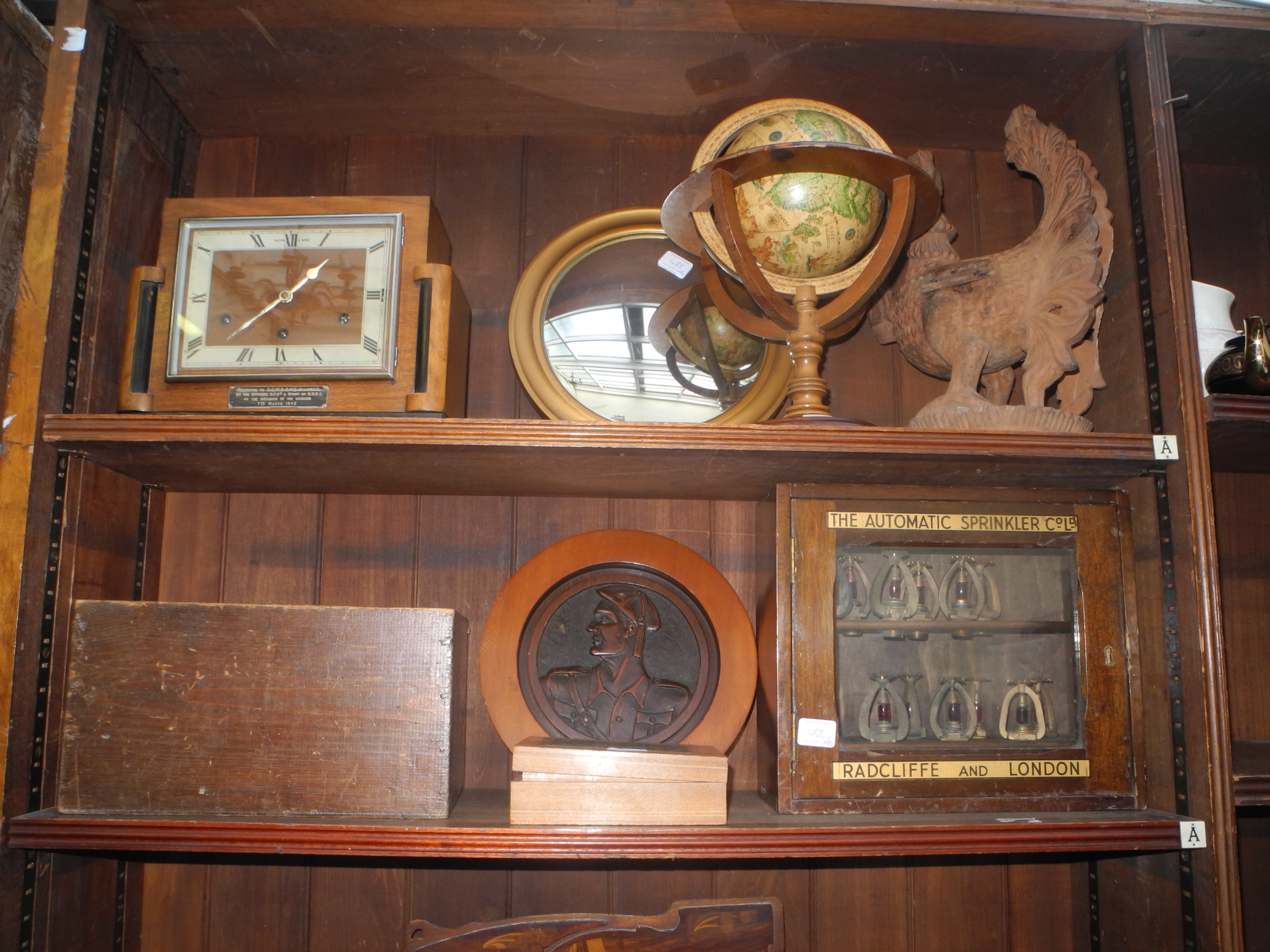 An Art Deco walnut mantel clock, a crocodile leather bag, a Tunbridge box, a Victorian mahogany