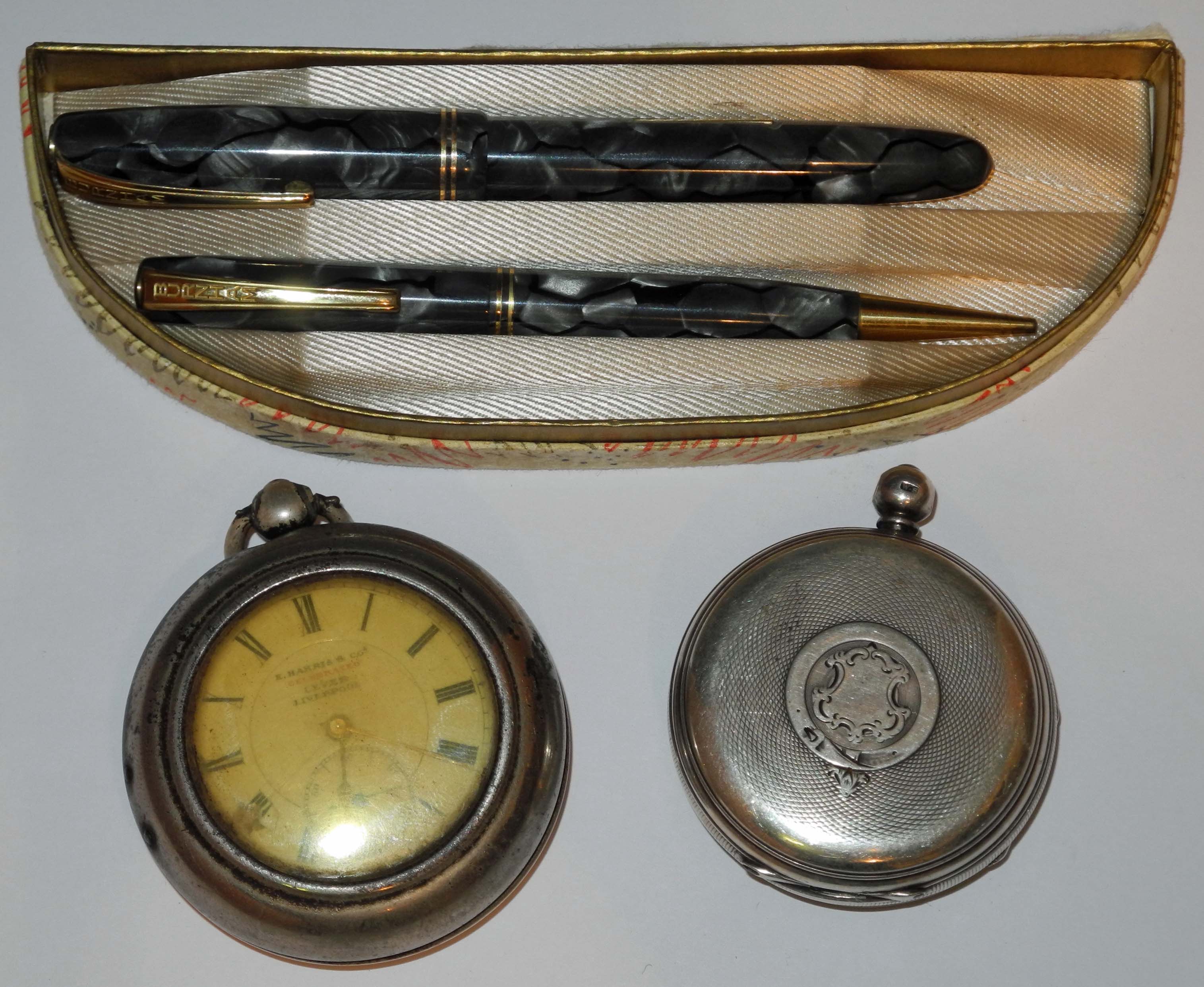 Two hallmarked silver gentlemen`s pocket watches and keys, the E. Harris & Co example complete