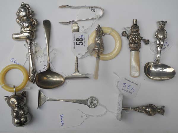 Ten vintage silver babies` rattles, teethers and feeders, four with Teddy bear design, one dog and
