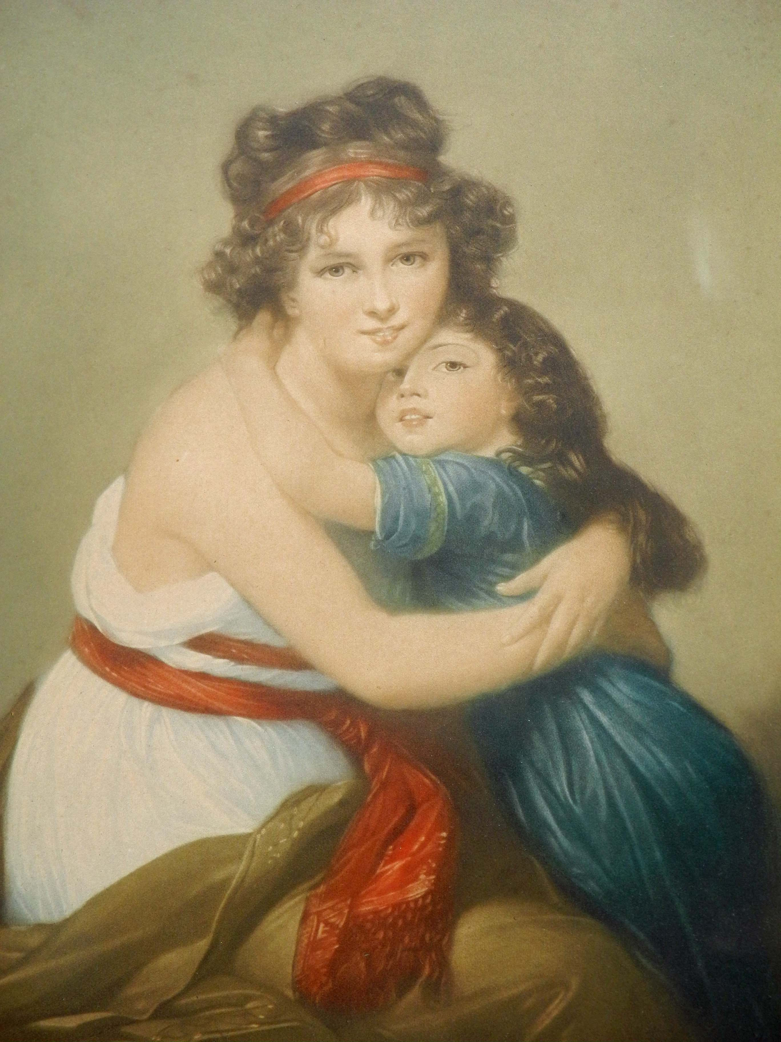 A Victorian coloured engraving of Madame Vigée Le Brun and child engraved in pure mezzotint by