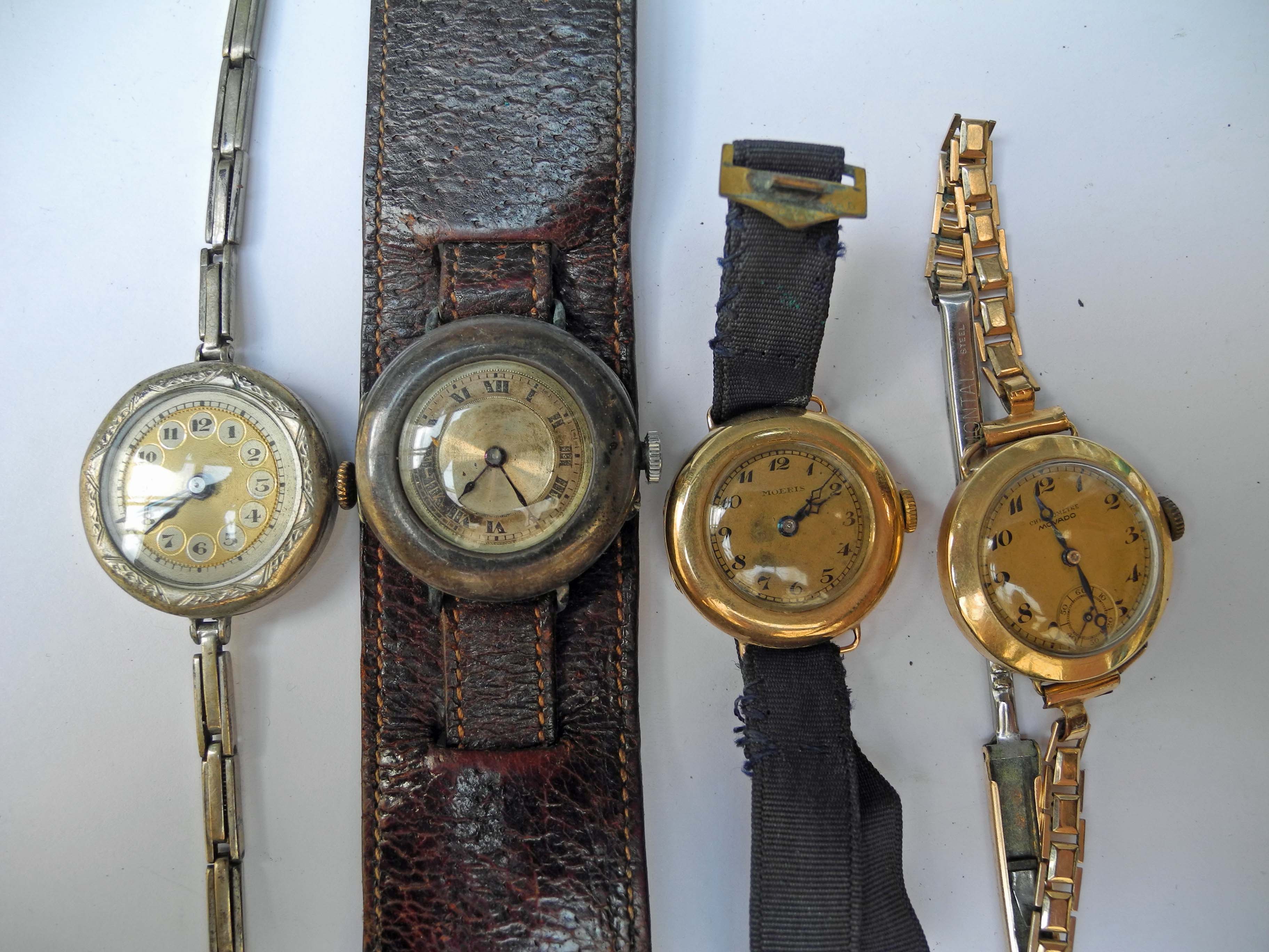 An Edwardian gold cased ladies` wrist watch on ribbon, a ladies` `Movado` gold `chronometer` wrist