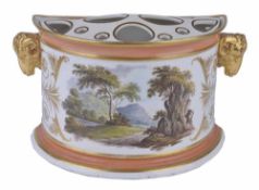 A Derby bough pot and cover, with gilt ram`s head handles, central painted landscape scene within