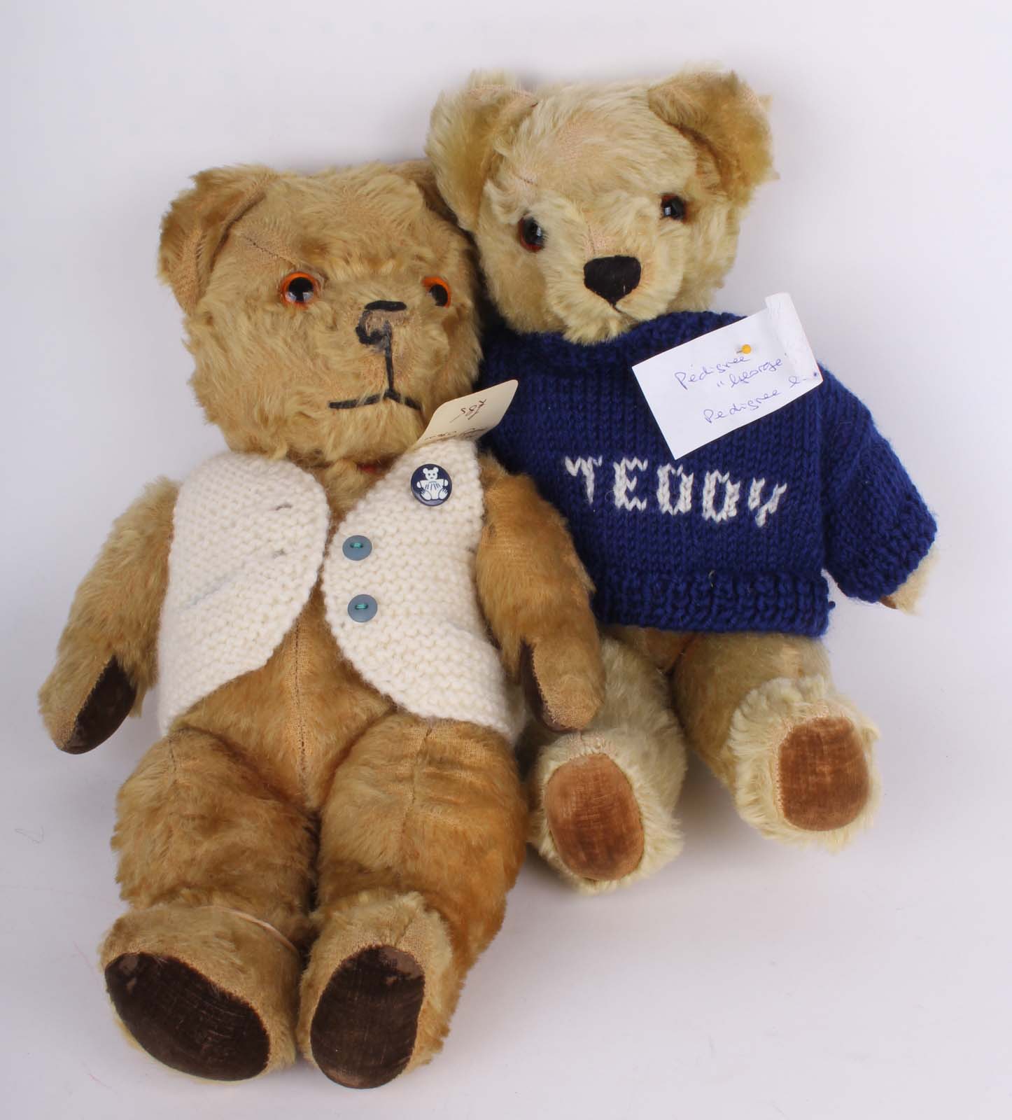 Two English 1960s Pedigree gold mohair jointed Teddy bears (played with) (13"). (2).