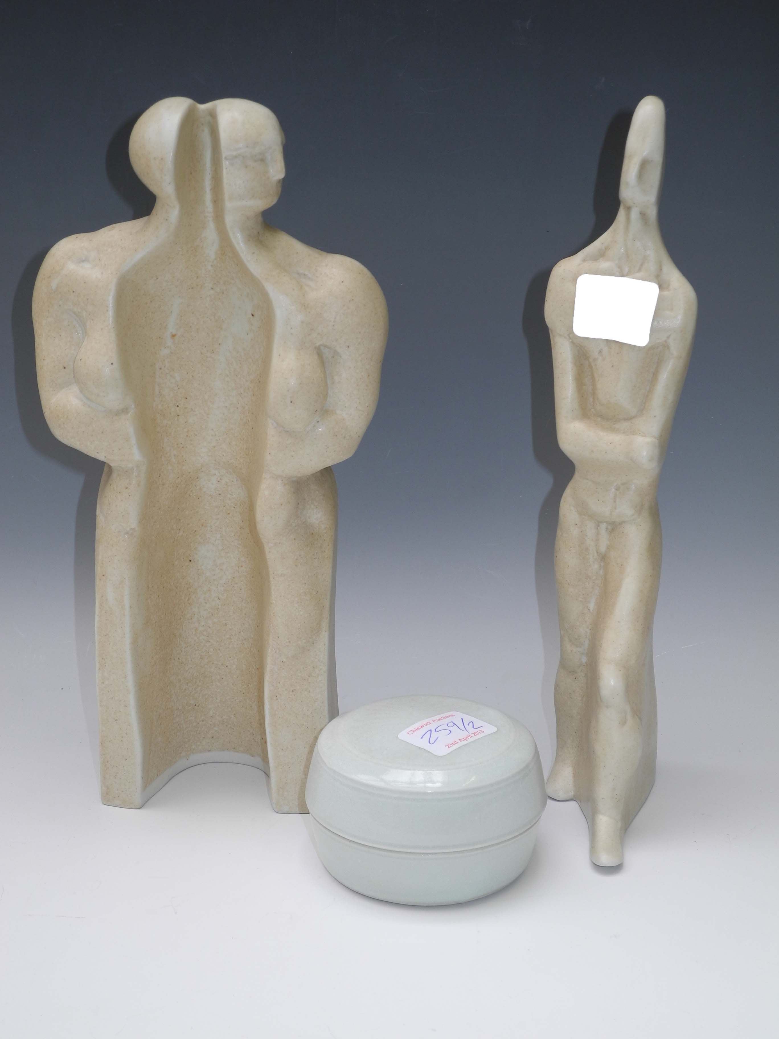 Wright, a contemporary ceramic two part sculpture, `Earth Goddess`, represented by a slim male
