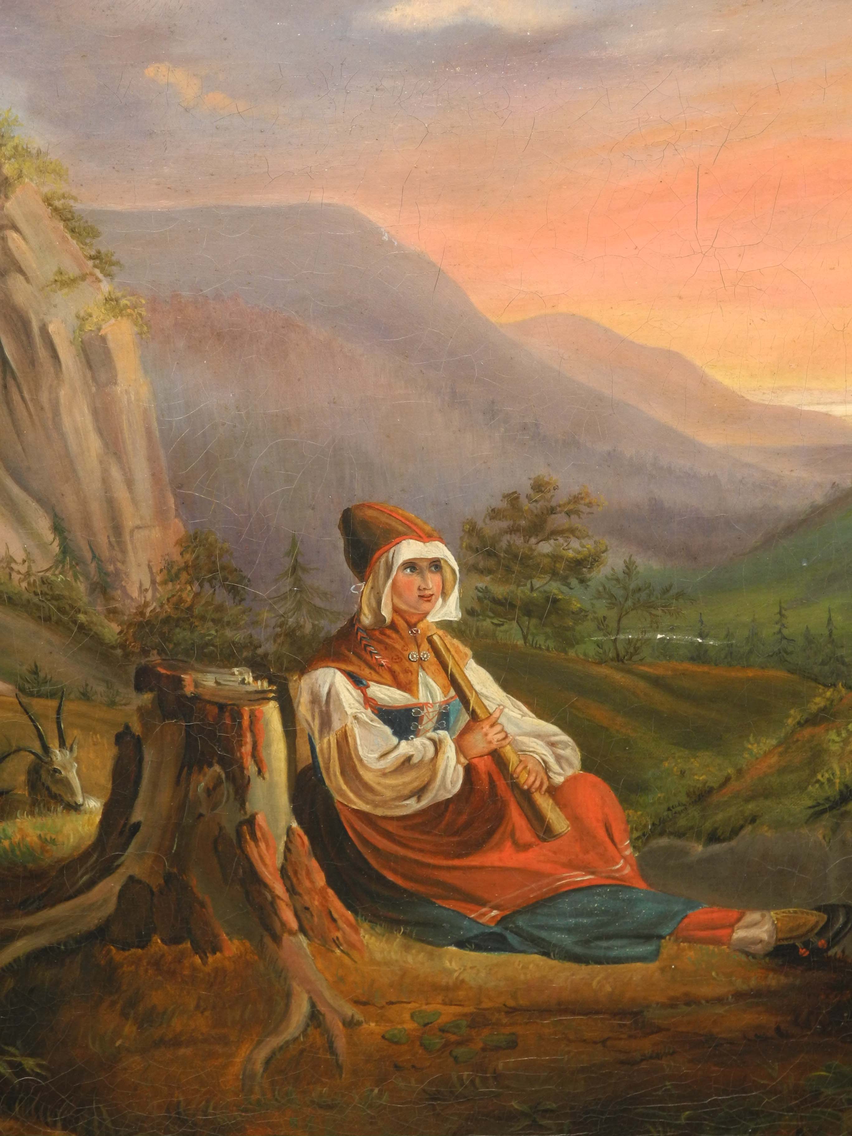 A 19th Century oils on canvas, Tyrolean mountain scene with young girl playing her flute at