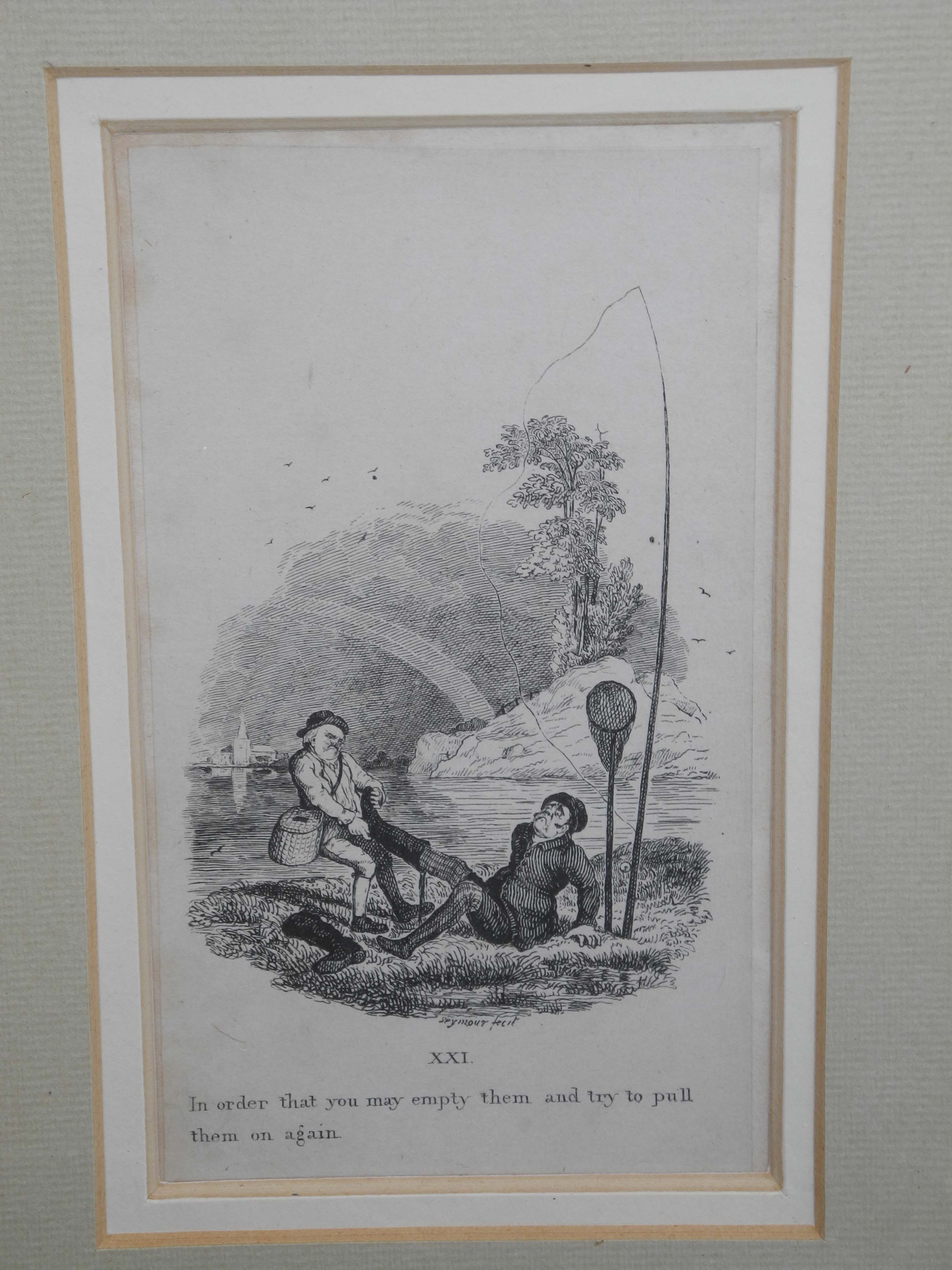 A set of twelve prints relating to the humorous side of fishing, all framed. (12).