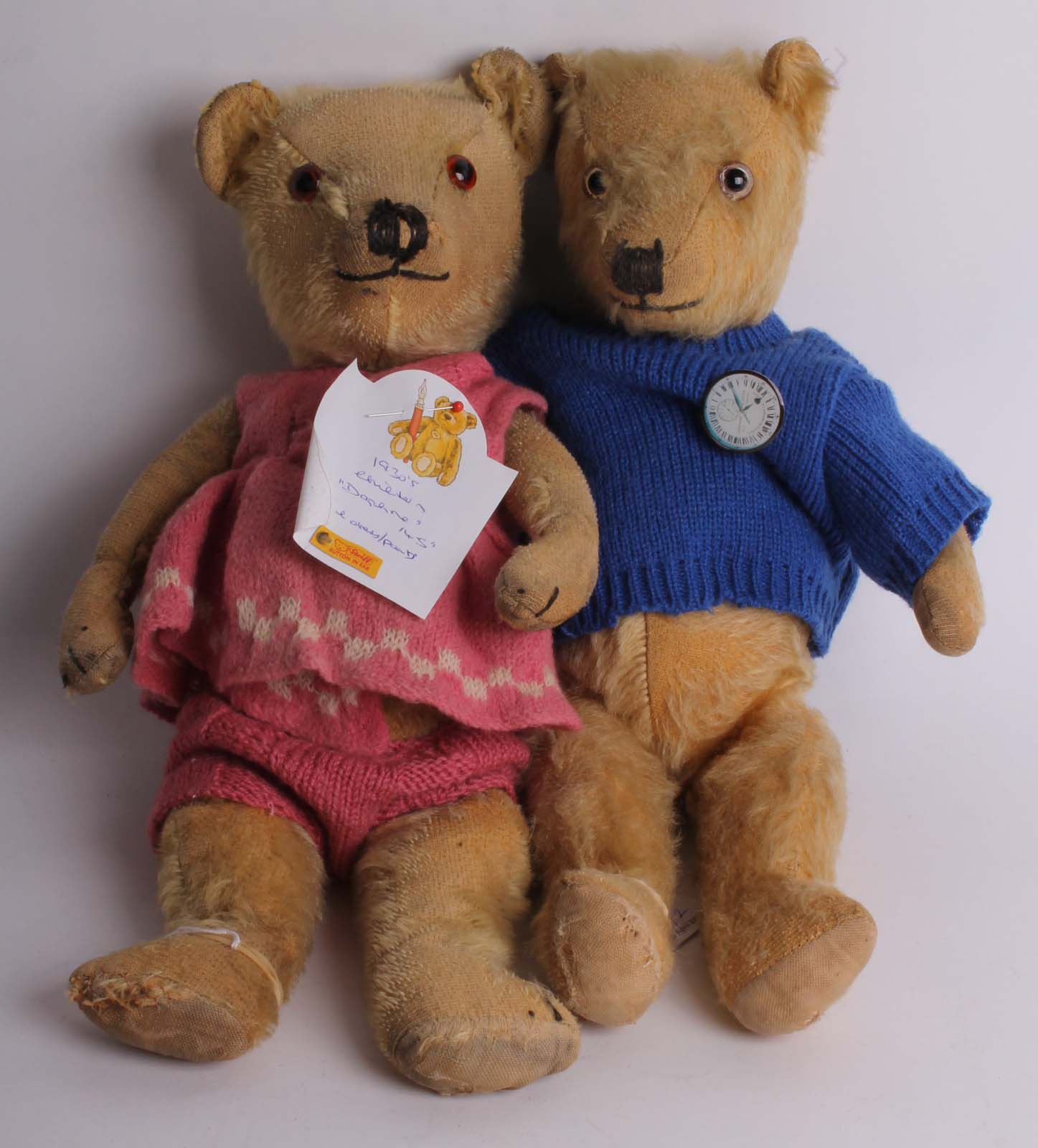 Two English 1930s Chiltern gold mohair fully jointed Teddy bears, one with painted back eyes, one