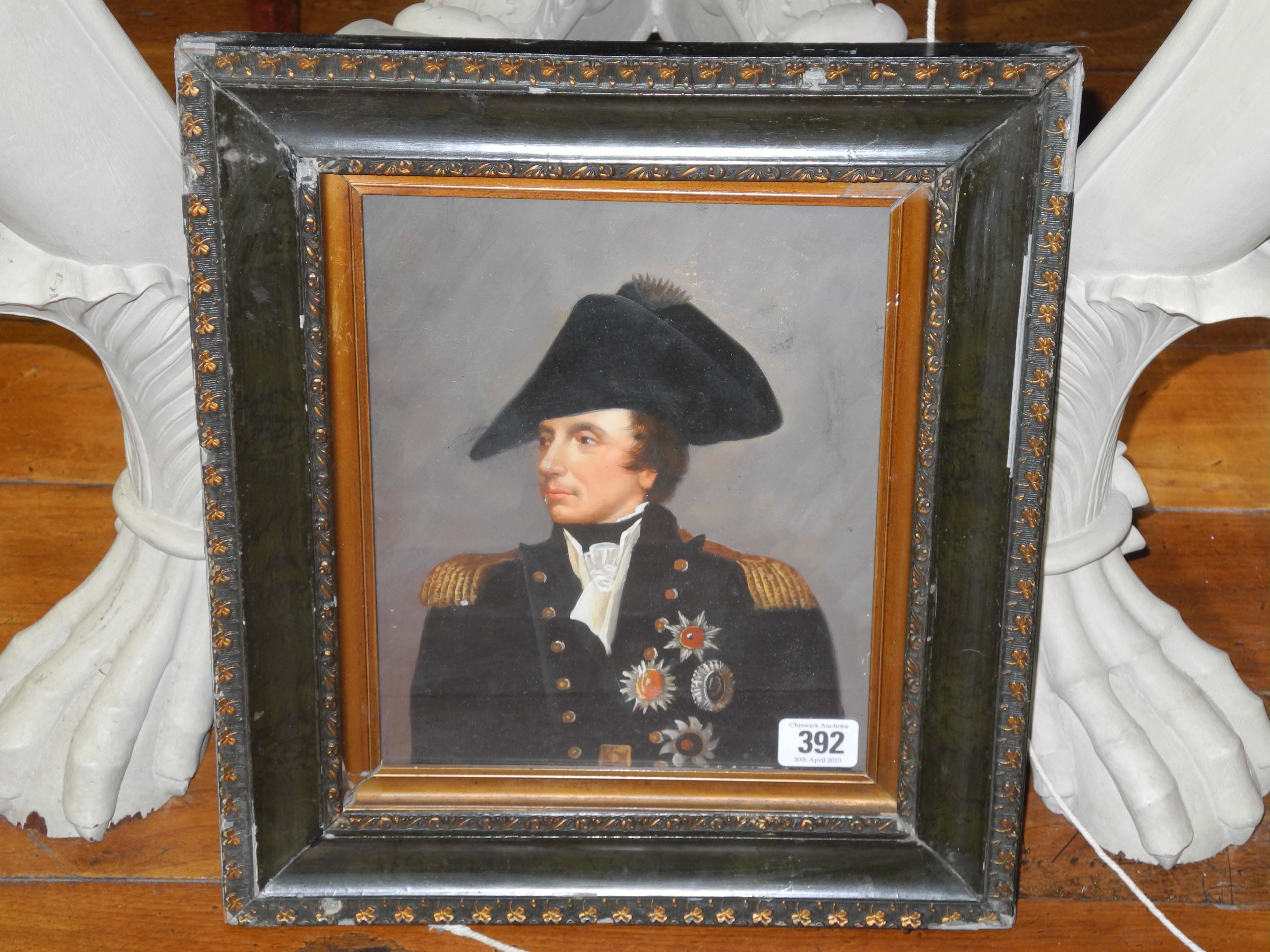 Oil on board, a portrait of Horatio Nelson, framed.