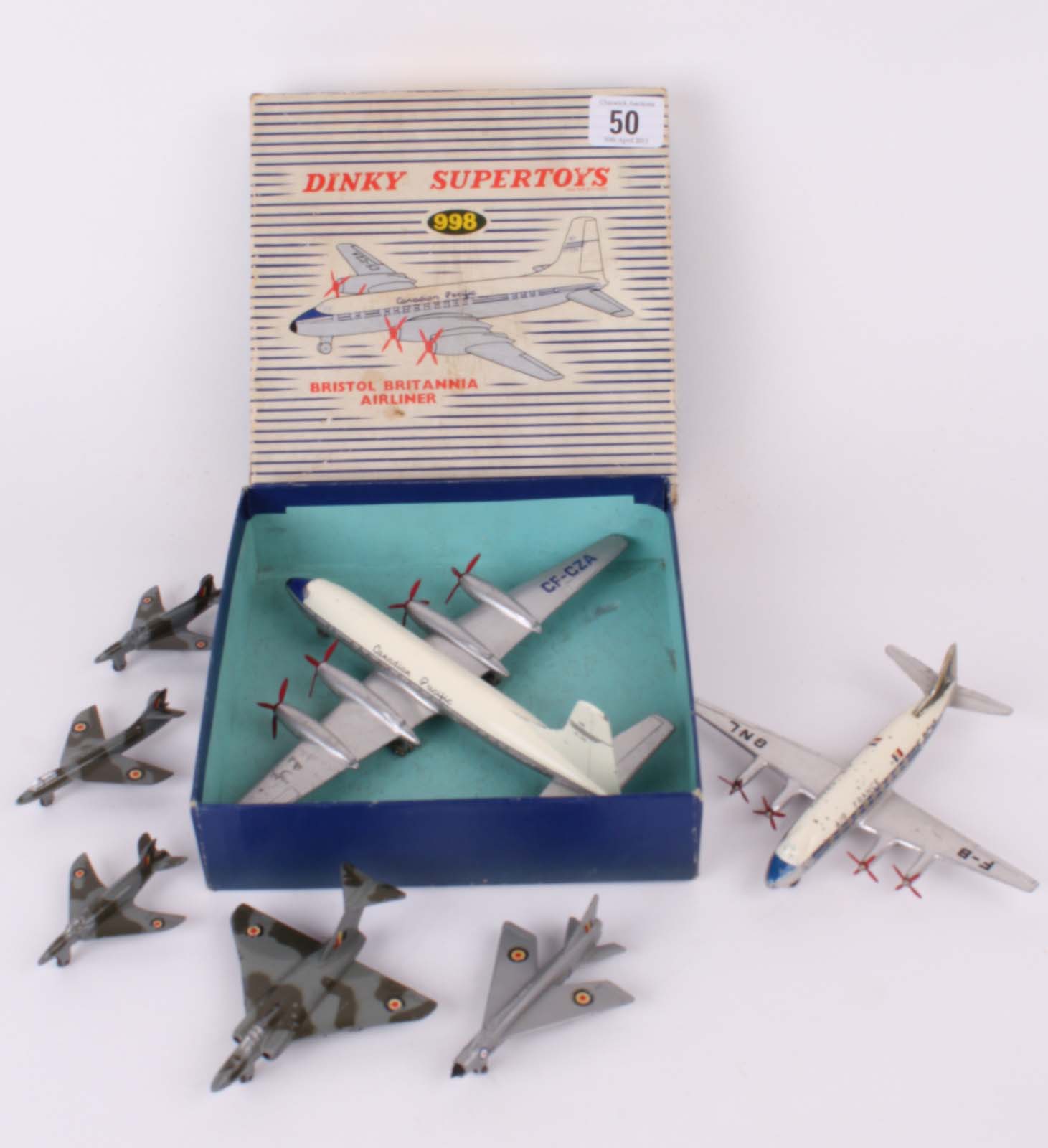 A Dinky Supertoys (998) Bristol Britannia Airliner, boxed, by Meccano with six unboxed Dinky