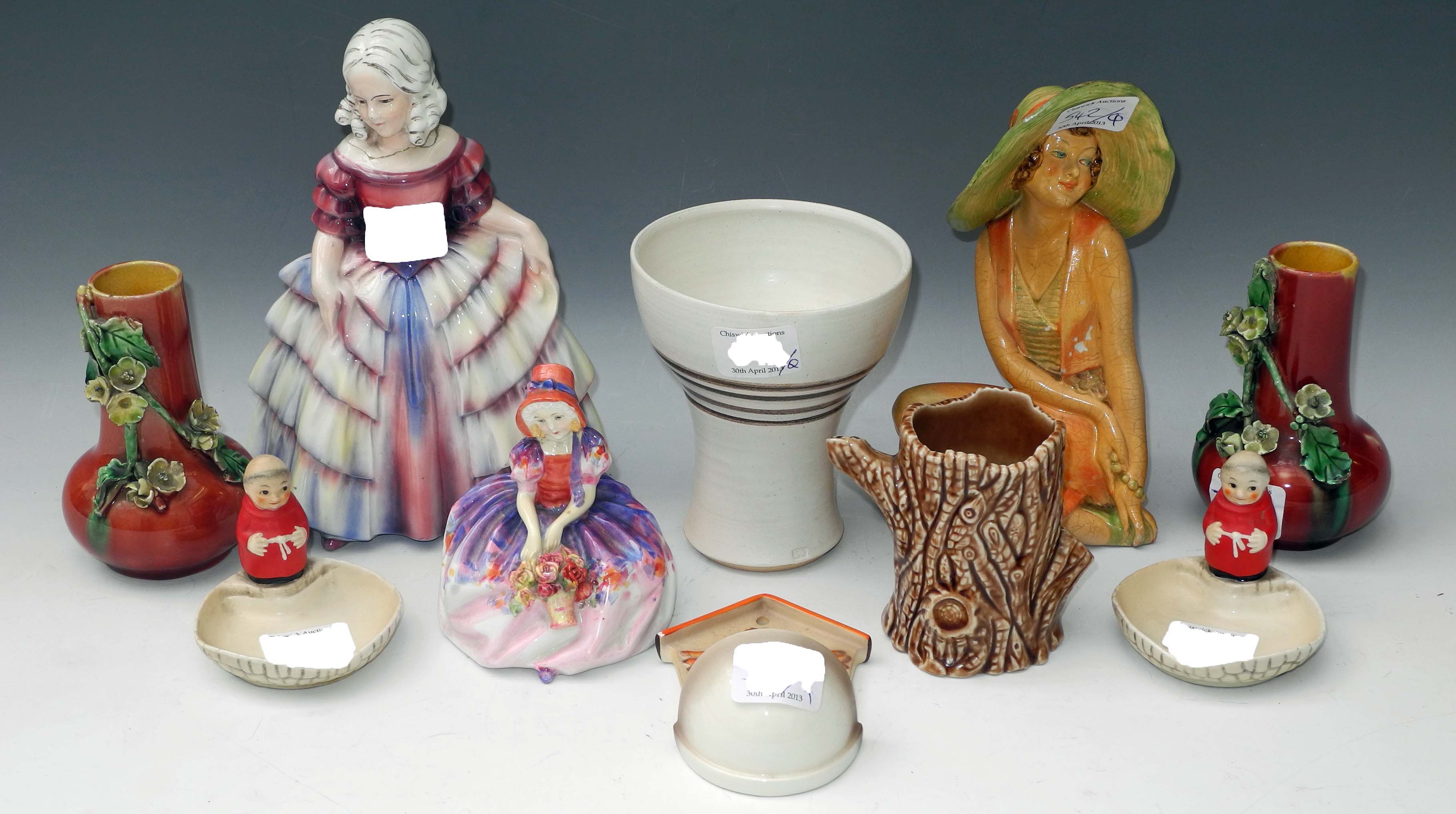A Royal Doulton figure of "Monica" sold together with a Wade figure of "June", two Goebel mark