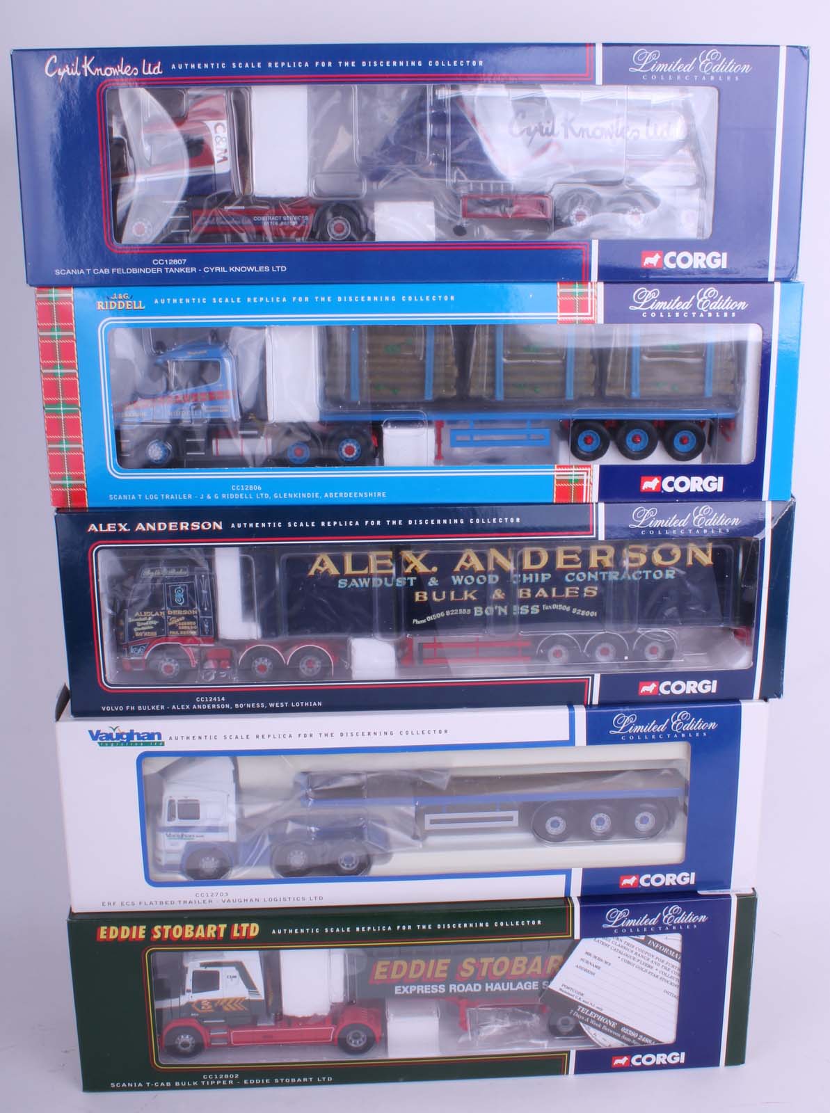 Five contemporary Limited Edition (mint in box) Corgi Haulage Trucks, including: J & G Riddell