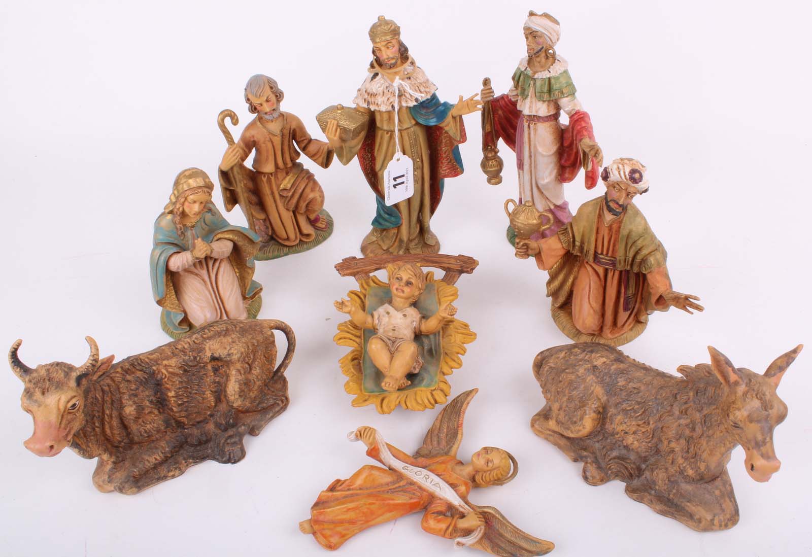 A group of Italian 1950s resin based Nativity figures including the Three Kings, Mary, Joseph,