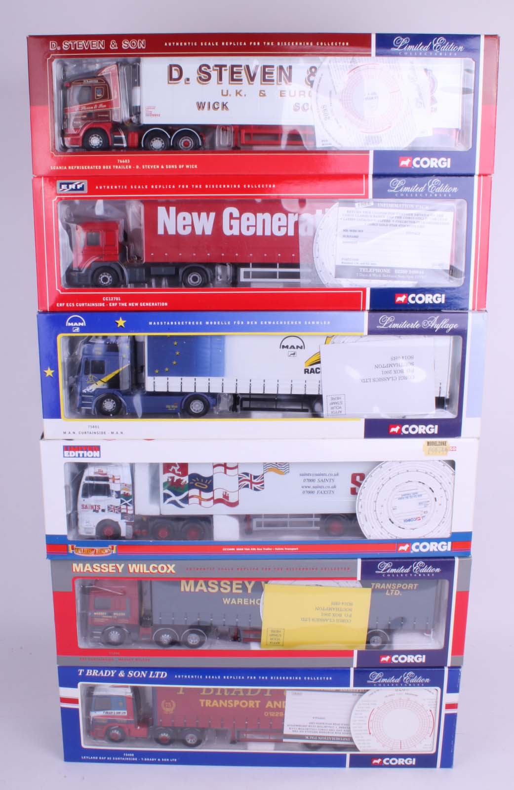 Six contemporary Limited Edition (mint in box) Corgi Haulage Trucks including M.A.N. 75801