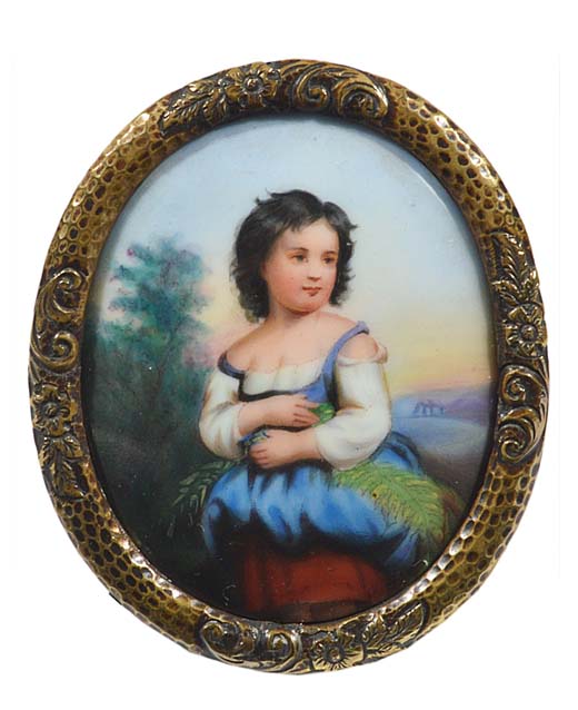 A mid 19th century oval porcelain plaque painted with a young girl collecting flowers, set into a