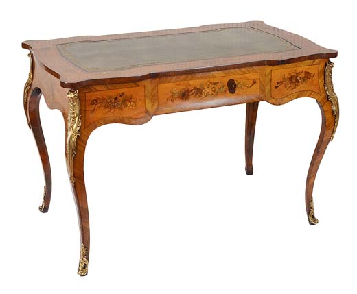 A Victorian satinwood marquetry inlaid writing desk in French taste, with green leather inset top