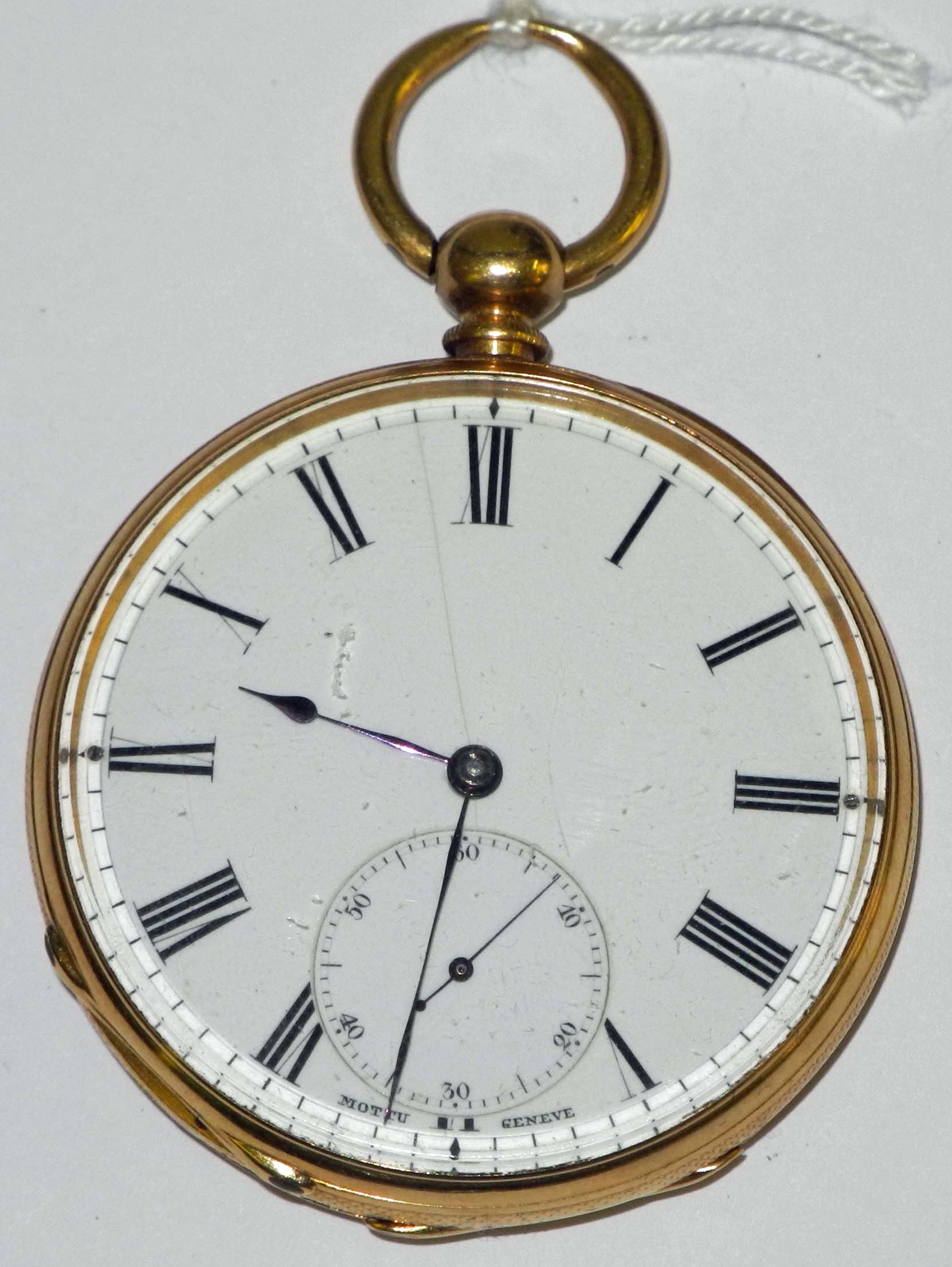 A late 19th century 18ct gold cased open faced pocket watch by Mottu Geneve, having a Roman