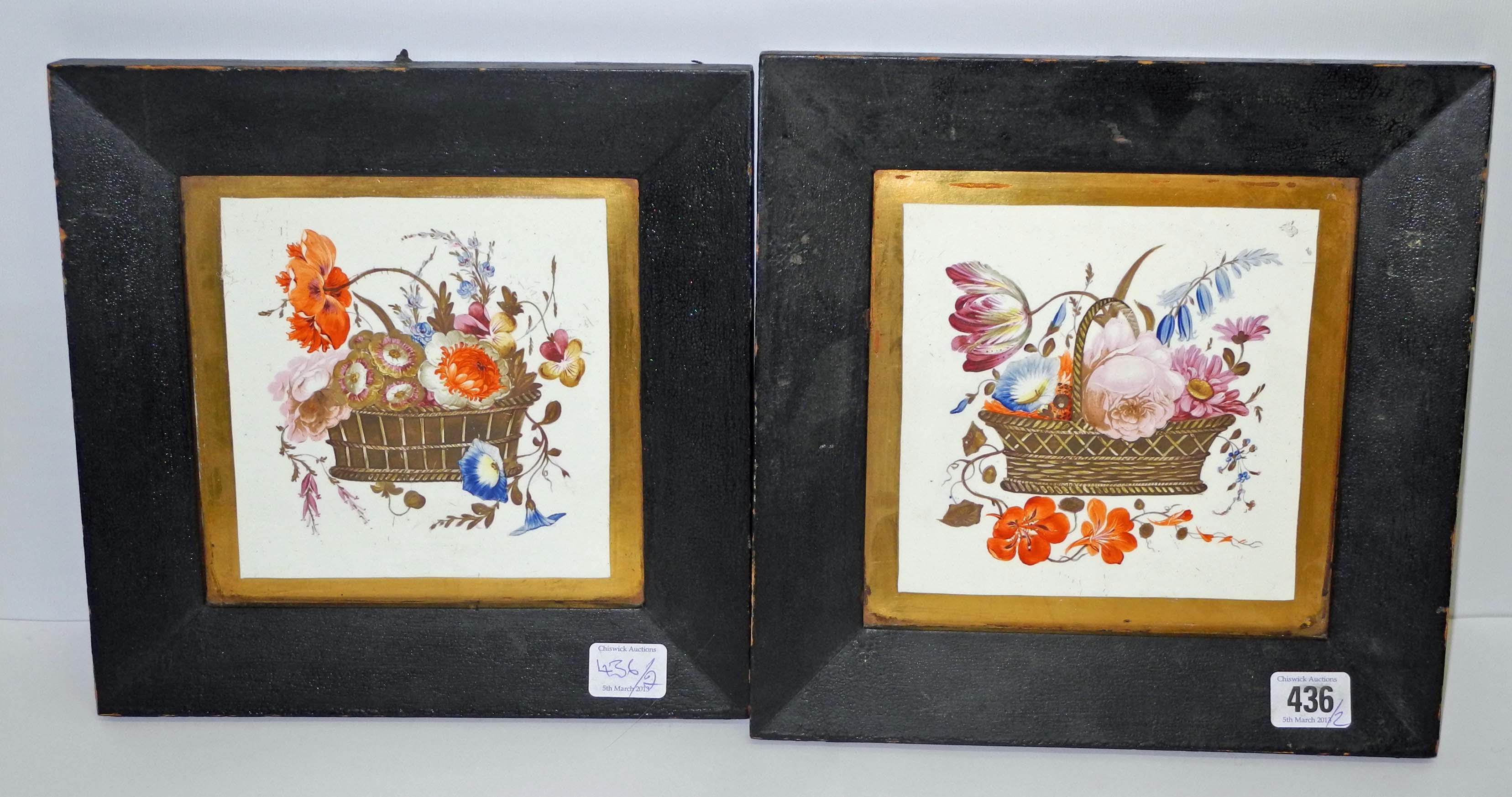 A pair of early 19th century (1820s) porcelain plaques, painted with floral arrangements within