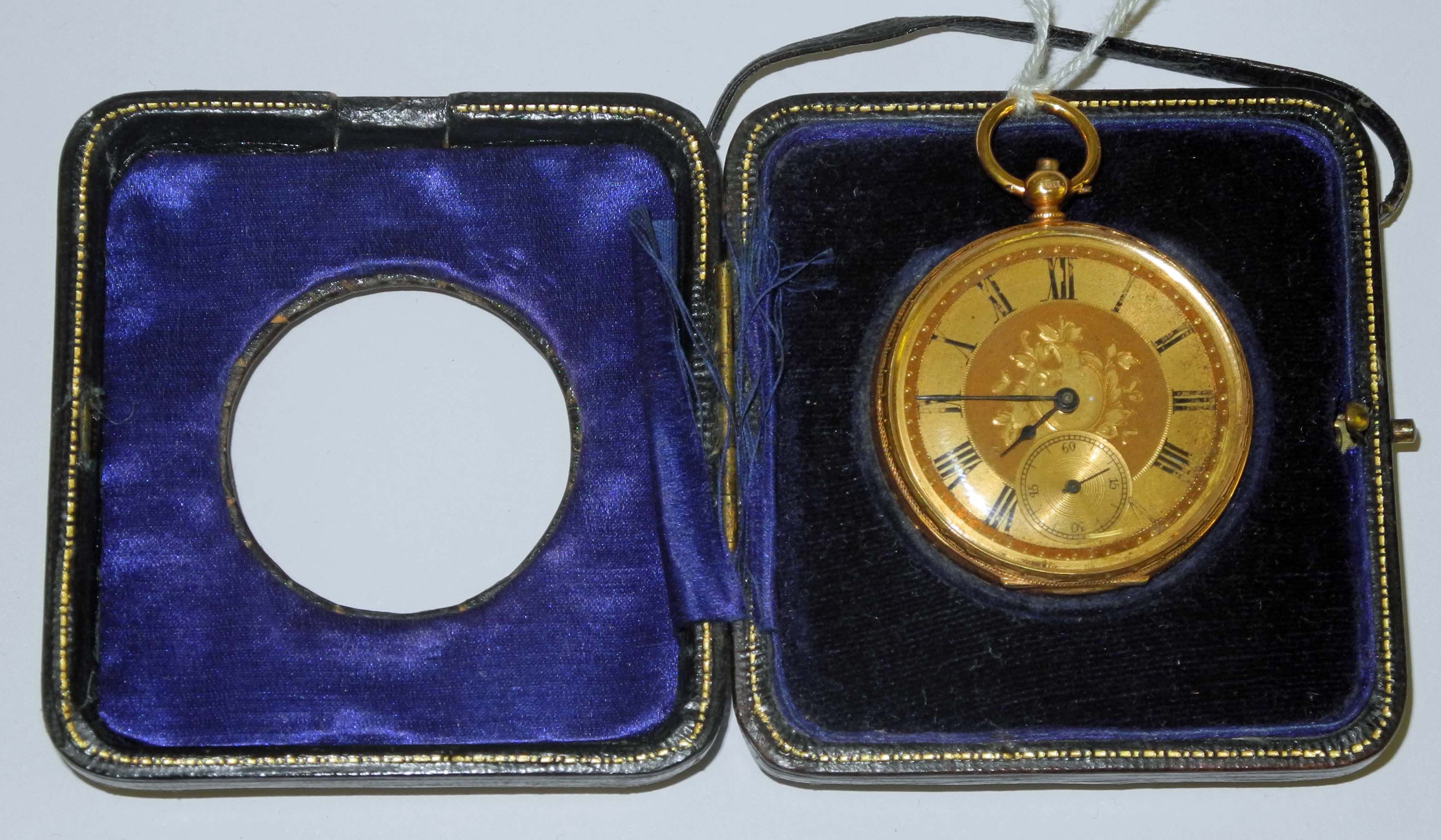 A 19th century 14k open faced pocket watch, having a florally engraved and gilt embellished Roman