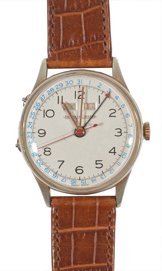 A gent`s vintage Jaeger le Coultre day-date dress watch, having a multi-function silvered dial